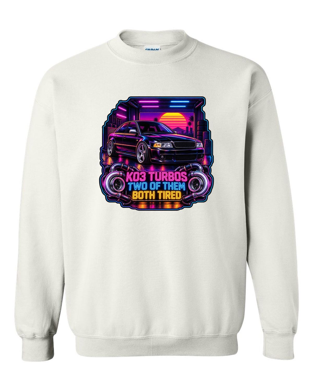 Synthwave print of an Audi S4 B5 sedan with K03 turbos text white crewneck front view with the design