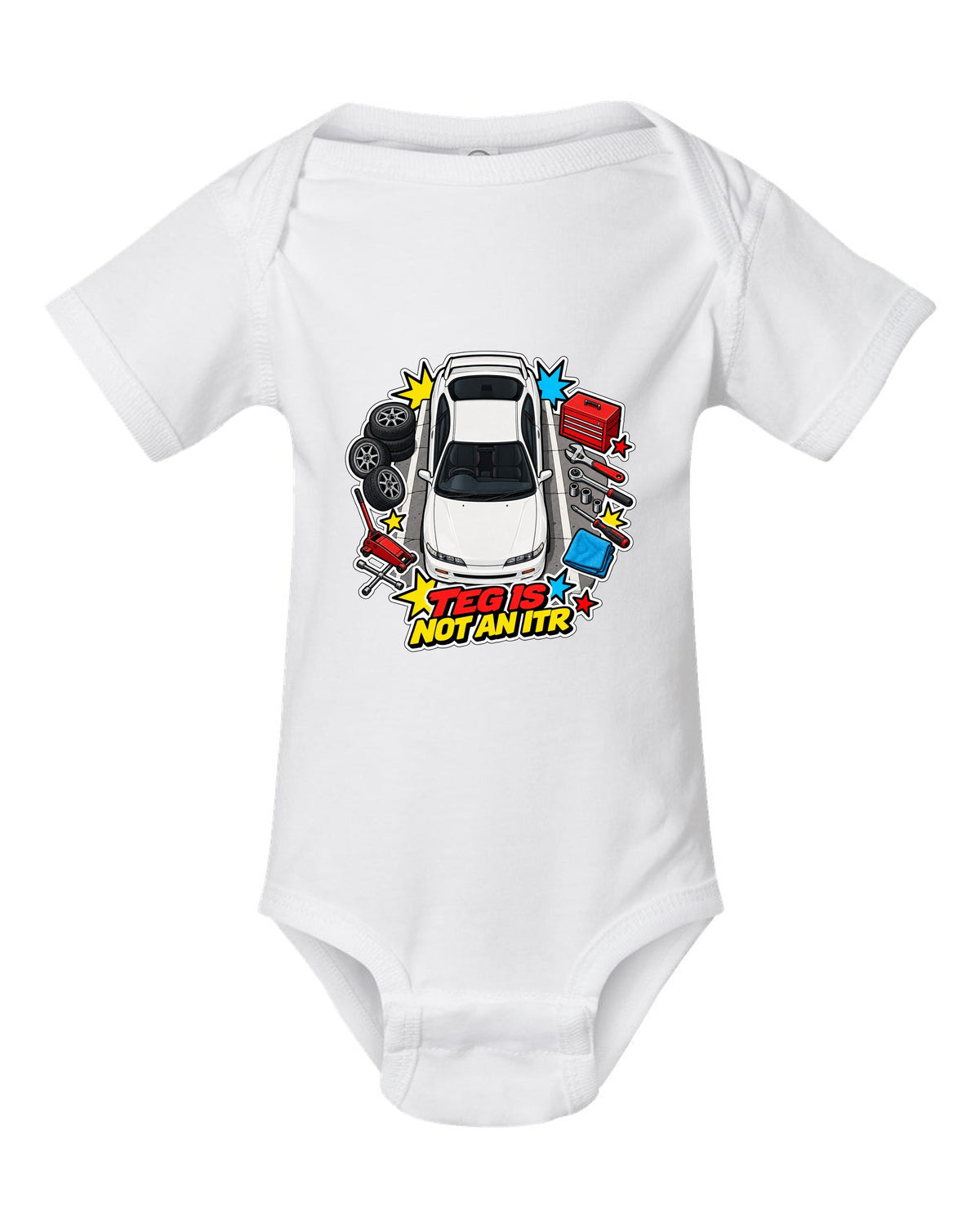 Retro Showa catalogue ad style print of a 2002 Honda Integra DC5 ch with K20A six speed text white baby onesie front view with the design