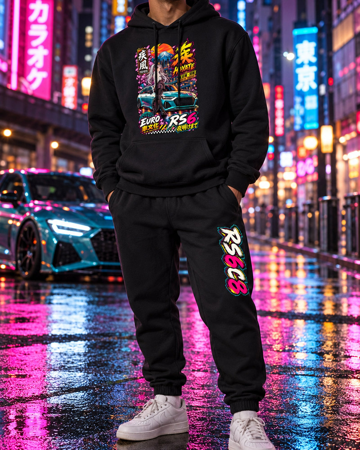 RS6C8 Hayate Anime Girl Poster Hoodie + Jogger Set Black worn hero