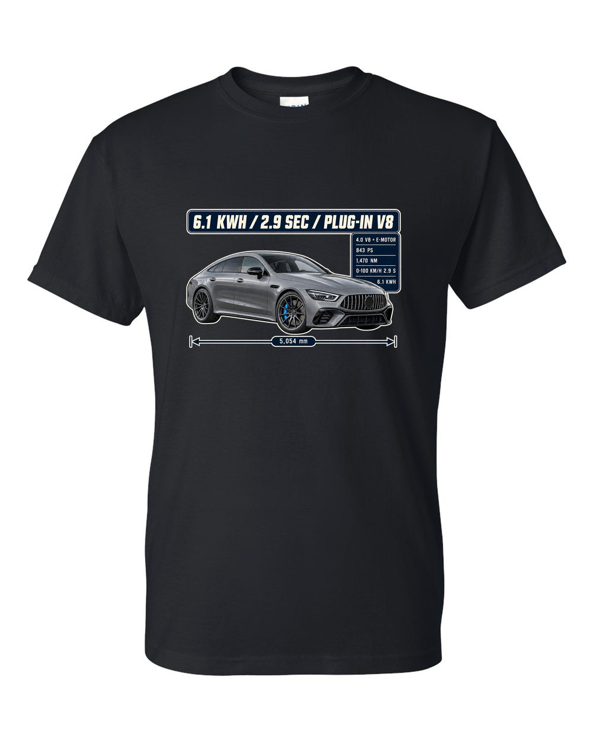 Mercedes-AMG GT 63 S E Performance spec poster design with electric-blue accent black t-shirt front view with the design