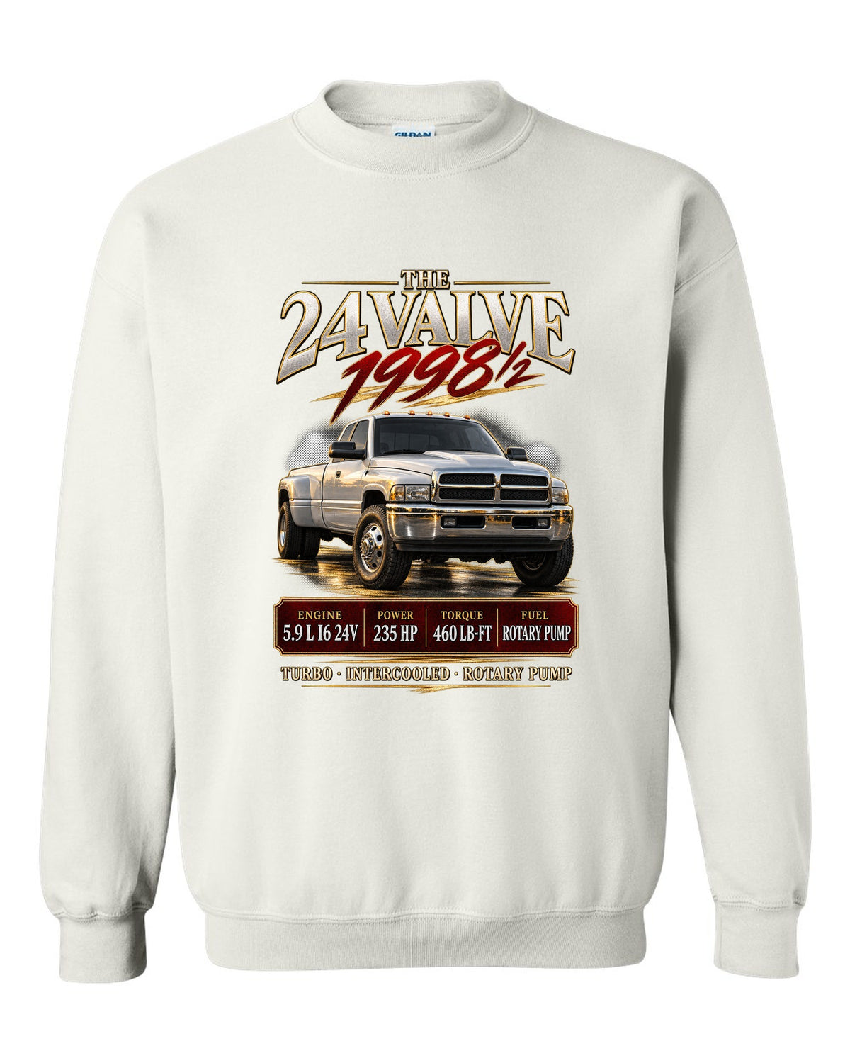 Archive panel of a 1998.5-2002 Ram 2500 2nd gen 24V with 235 HP and 460 lb-ft white crewneck front view with the design