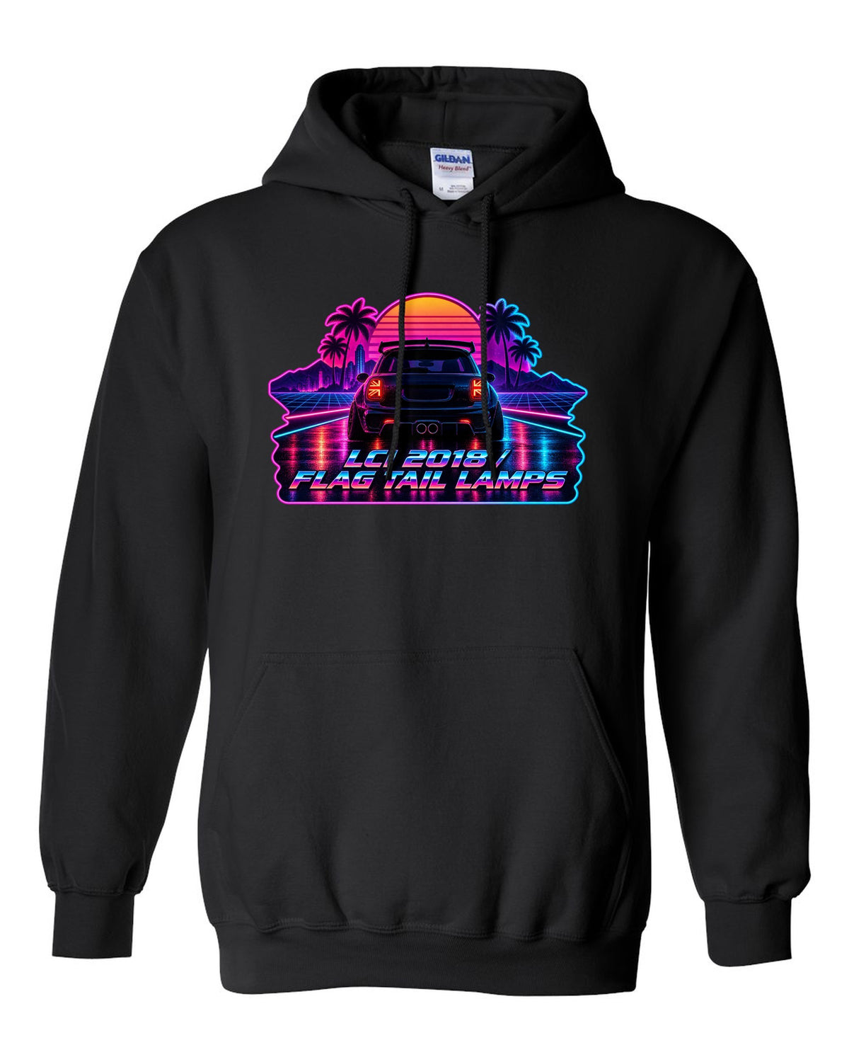 Synthwave outrun artwork of a Mini Cooper JCW F56 LCI with flag tail lamps black pull over hoodie front view with the design