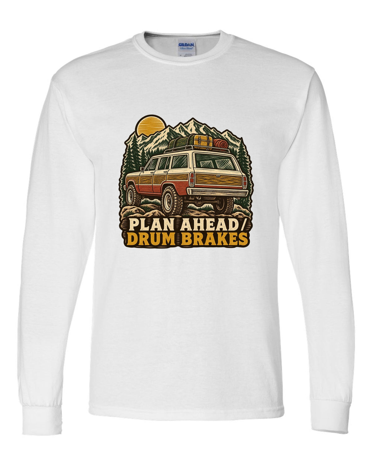Linocut woodcut of a Toyota Land Cruiser FJ55 with Plan Ahead Drum Brakes lettering white long sleeve front view with the design