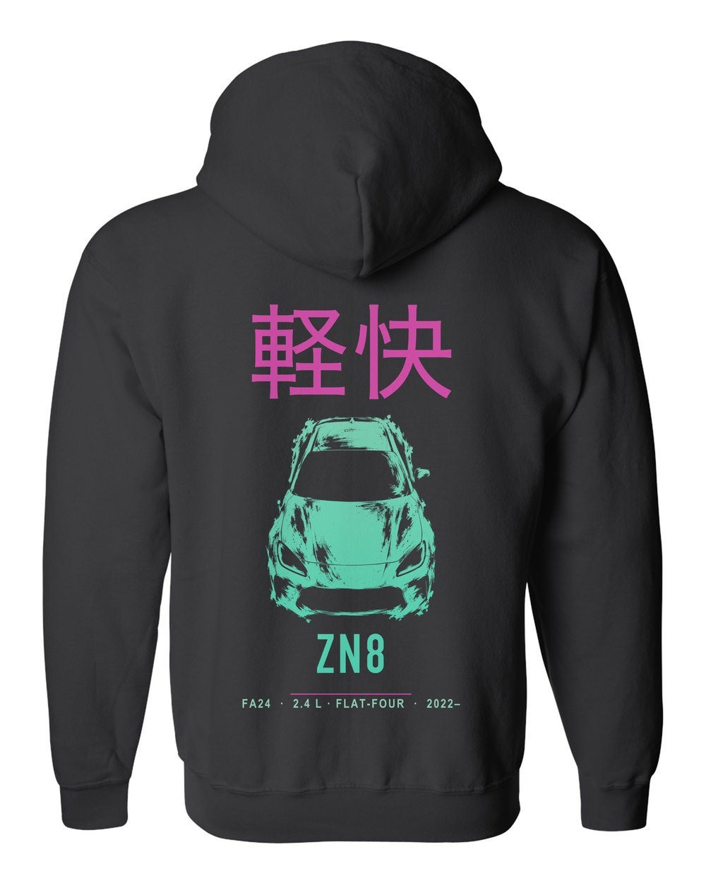 ZN8 full-back artwork black zip hoodie back view with the design