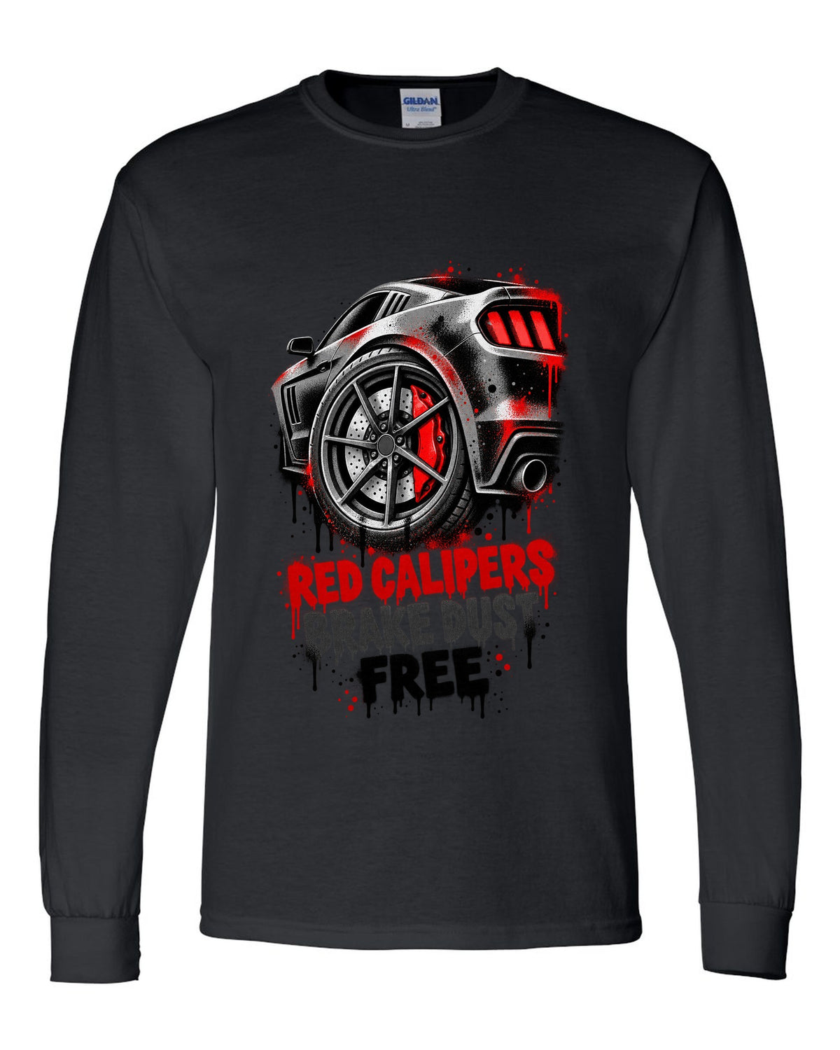 Stencil spray street art print of Kia Stinger GT CK red calipers with brake dust text black long sleeve front view with the design