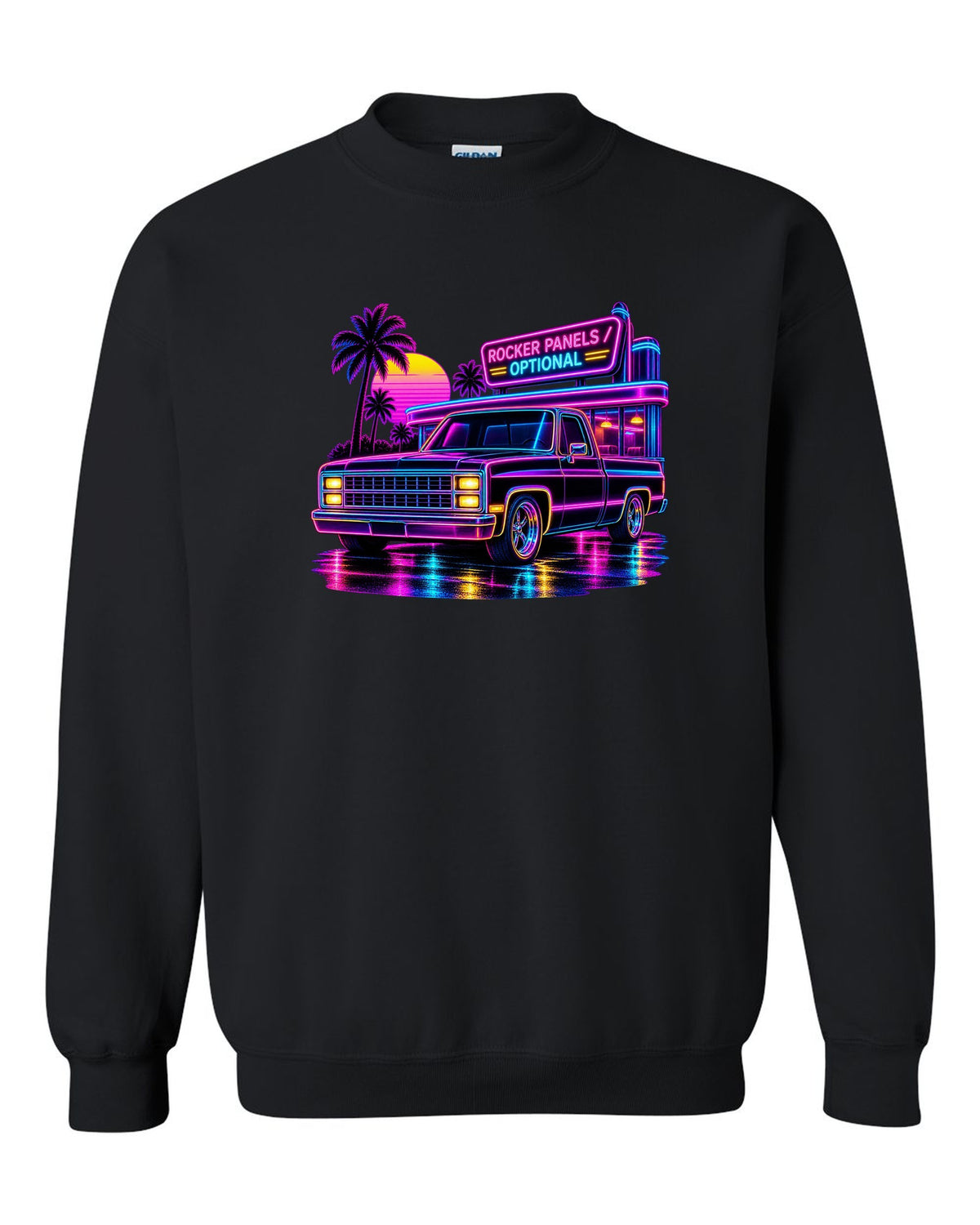 Neon synthwave line art print of a 1973-87 Chevrolet C10 Squarebody at a diner with rocker panels optional lettering black crewneck front view with the design