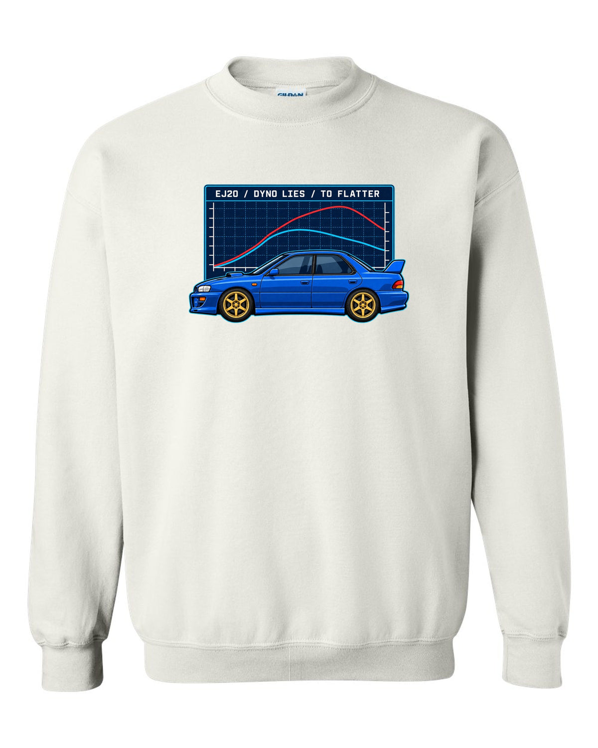 Vintage gauge face illustration pinned at 1.0 bar for a Subaru Impreza 22B STI white crewneck front view with the design