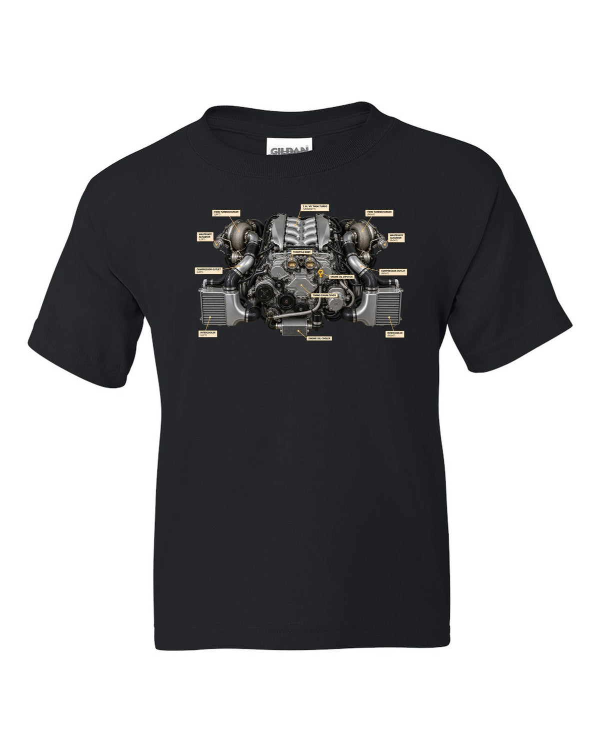 Nissan GT-R R35 2009 Premium dimension blueprint with engine text black kids tee front view with the design