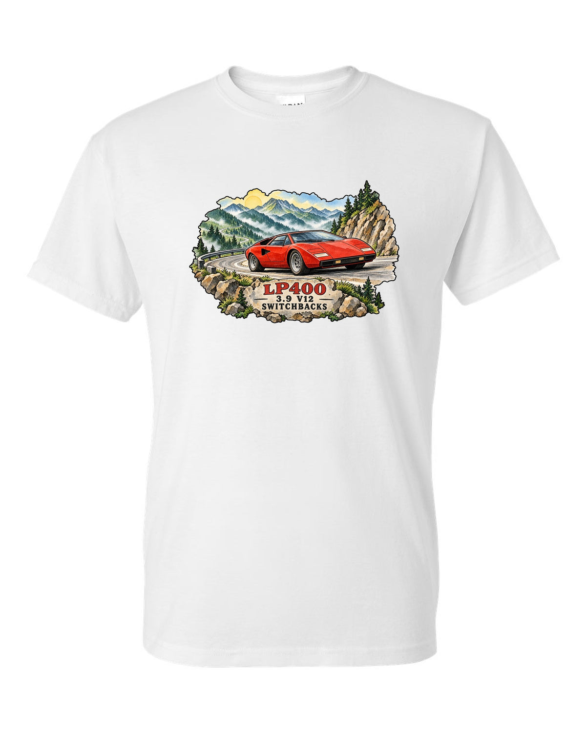 Watercolour ink wash design of a Lamborghini Countach LP400 on mountain switchbacks white t-shirt front view with the design