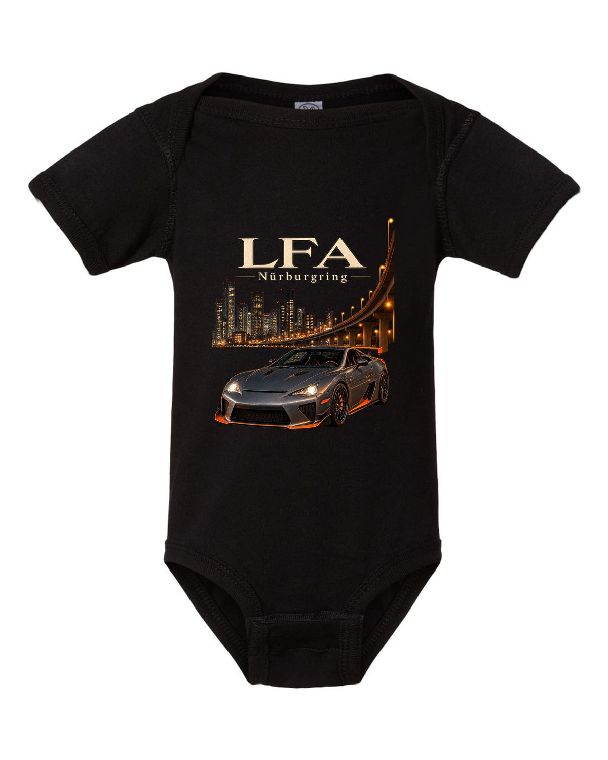 Digital cockpit and gauge view of the Lexus LFA black baby onesie front view with the design