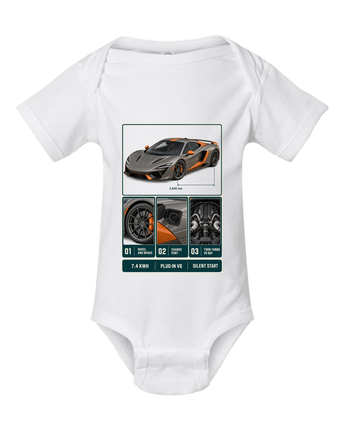 McLaren Artura dossier panel print with 7.4 kWh, plug-in V6 and silent start white baby onesie front view with the design