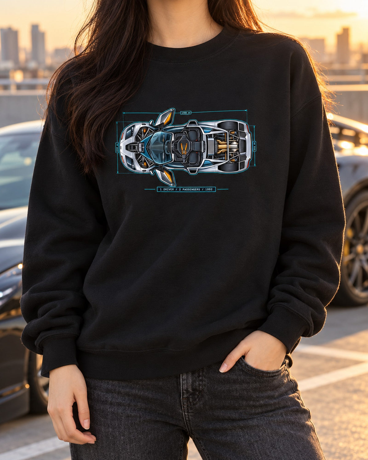 McLaren F1 Blueprint Shirt, One Driver Two Passengers, Car Guy Gift Crewneck Black worn hero
