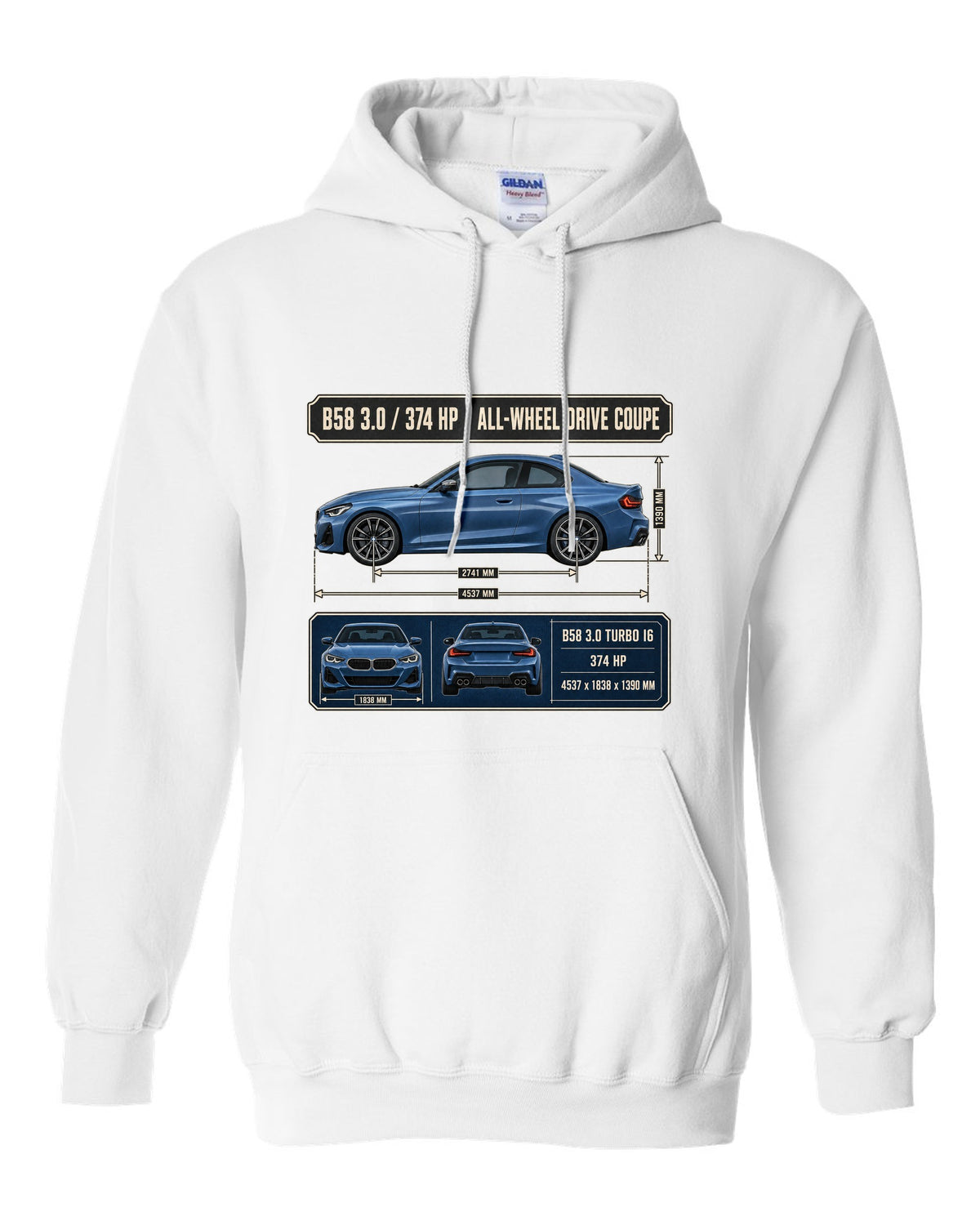 BMW M240i xDrive G42 coupe dimension blueprint print white pull over hoodie front view with the design