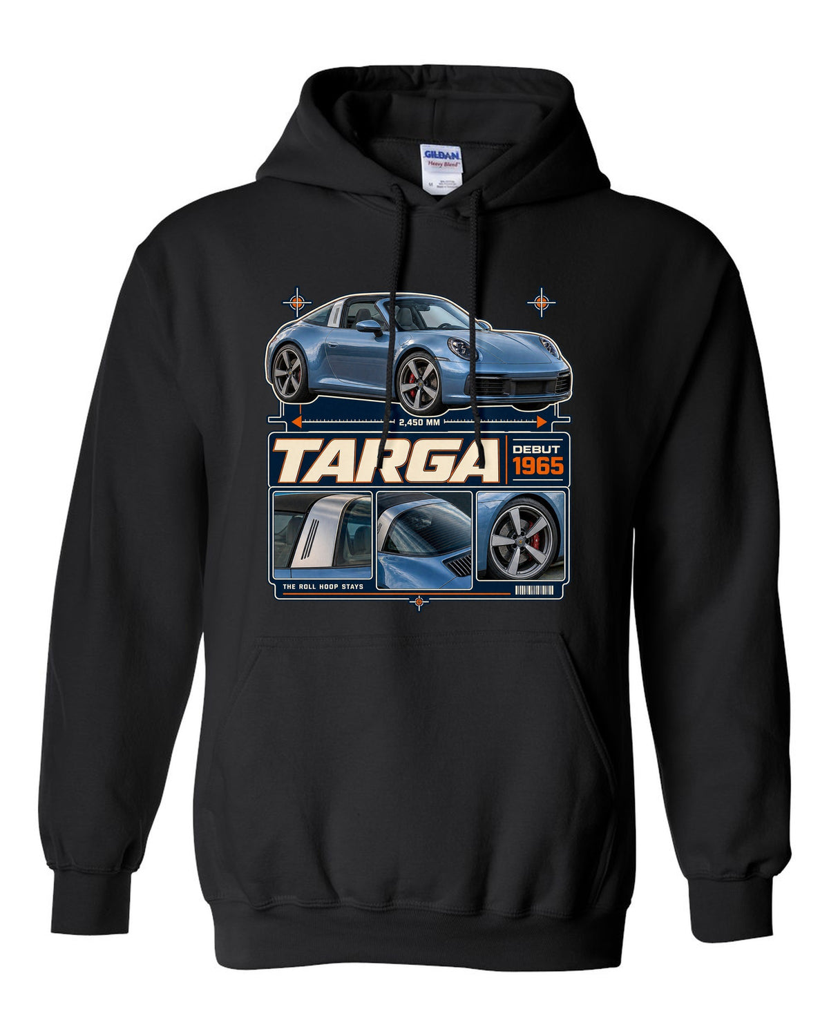 Dossier panel print of a Porsche 911 Targa 4S 992 with roll hoop black pull over hoodie front view with the design