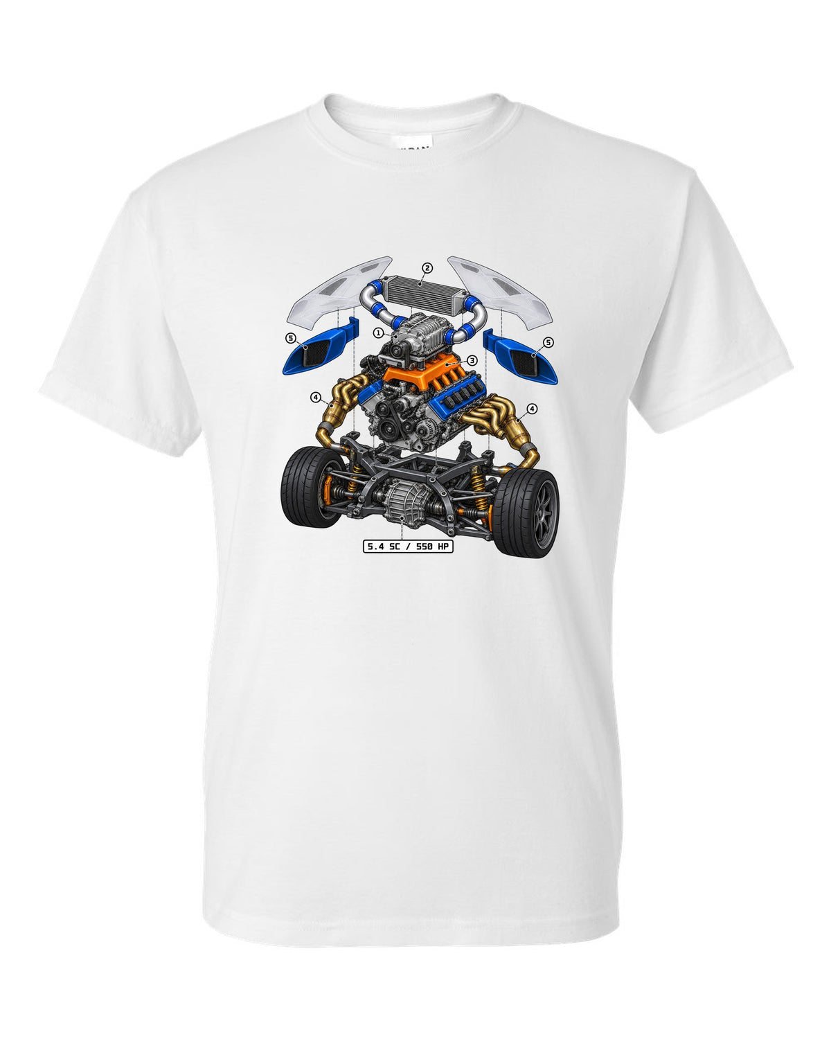 Ford GT 2005-2006 supercharged V8 in an isometric exploded view print white t-shirt front view with the design