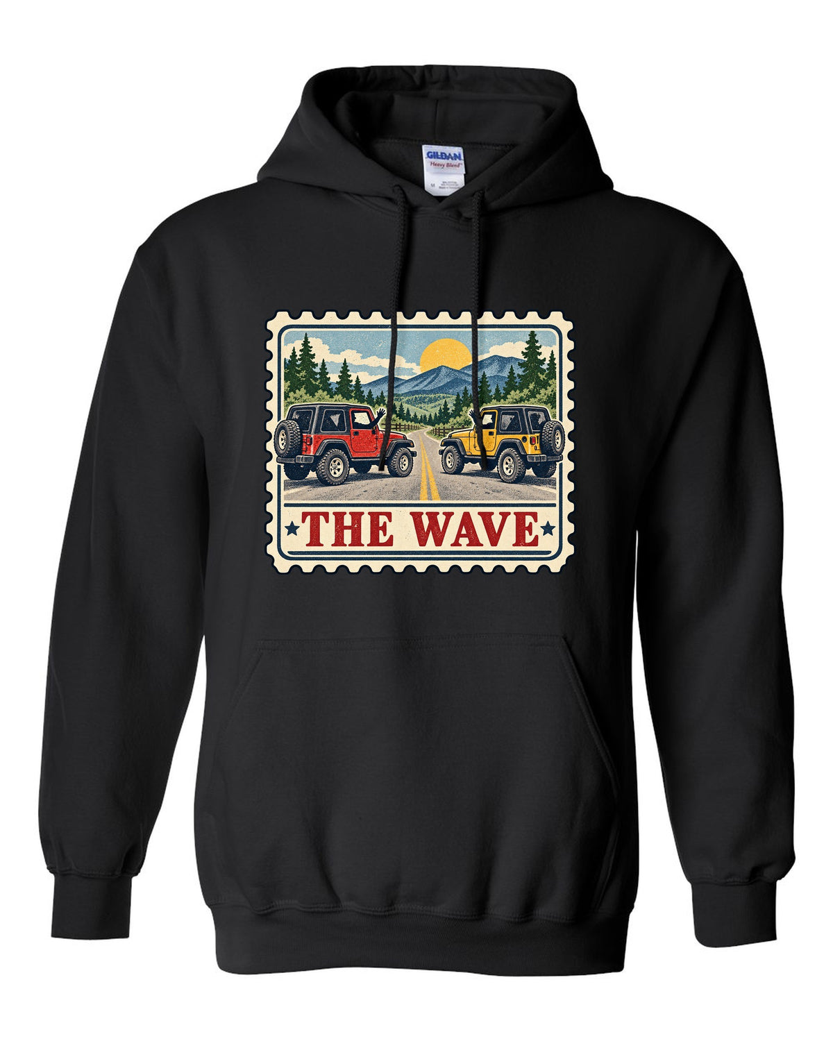 Vintage postage stamp print of a Jeep Wrangler TJ with the words The Wave black pull over hoodie front view with the design