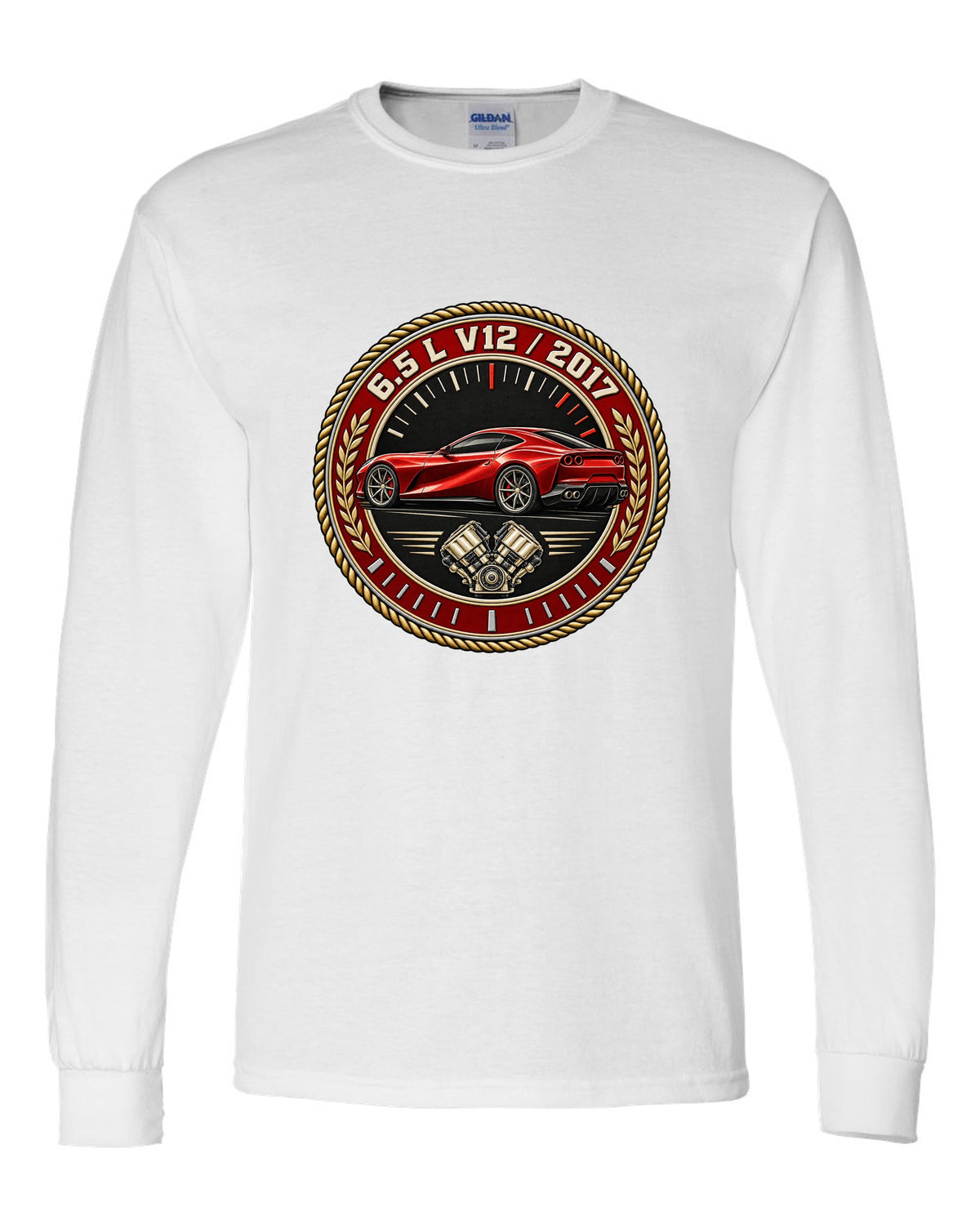 Round roundel print for the Ferrari 812 Superfast with 6.5 L V12 and 2017 lettering white long sleeve front view with the design