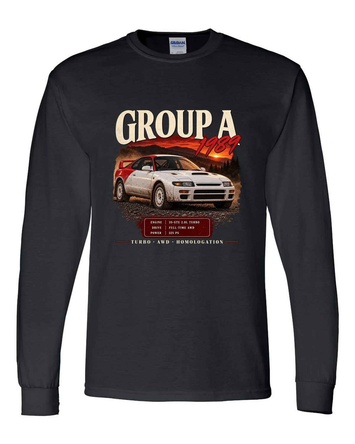 Archive panel print of a Toyota Celica GT-Four ST185 with Group A 1989 specs black long sleeve front view with the design