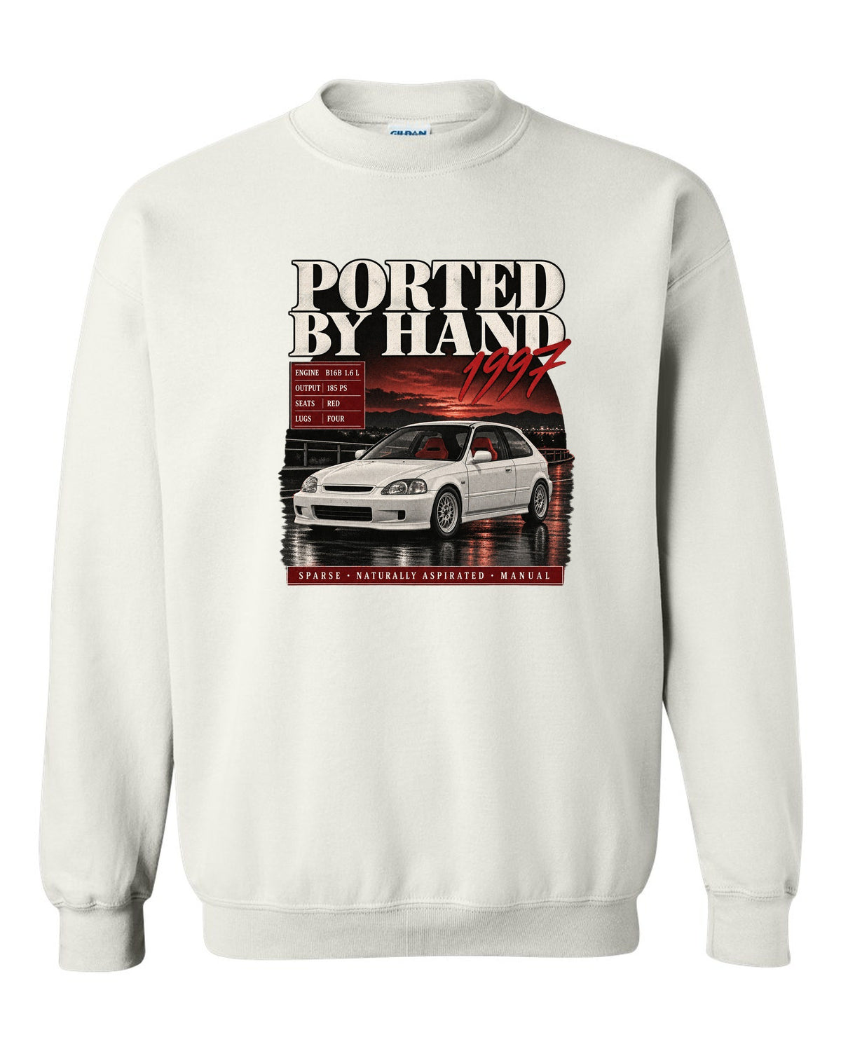 Archive panel print of a 1997 Honda Civic EK9 chback with hand-ported text white crewneck front view with the design