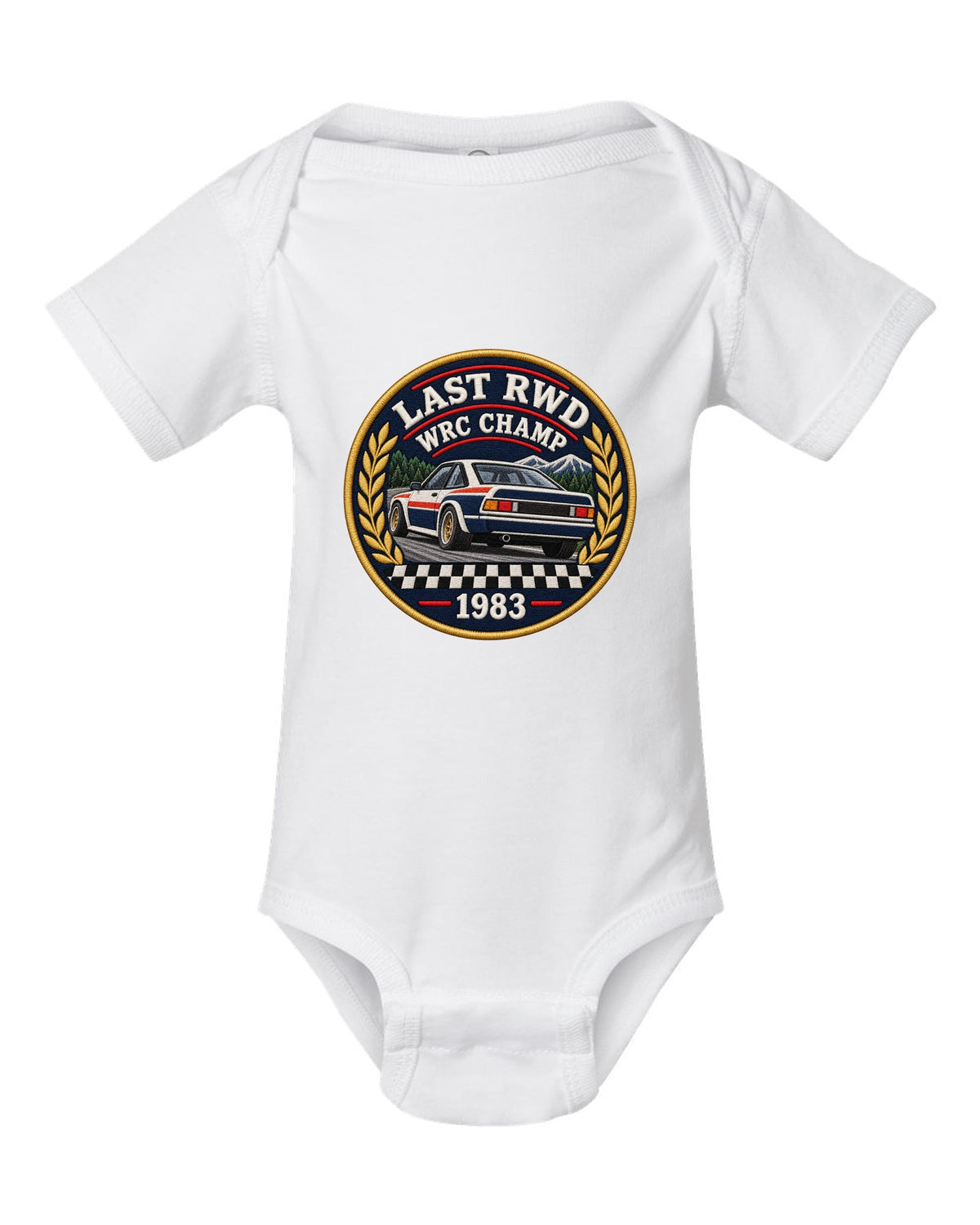 Embroidery patch style print of a 1983 Lancia Rally 037 with Last RWD WRC Champ lettering white baby onesie front view with the design