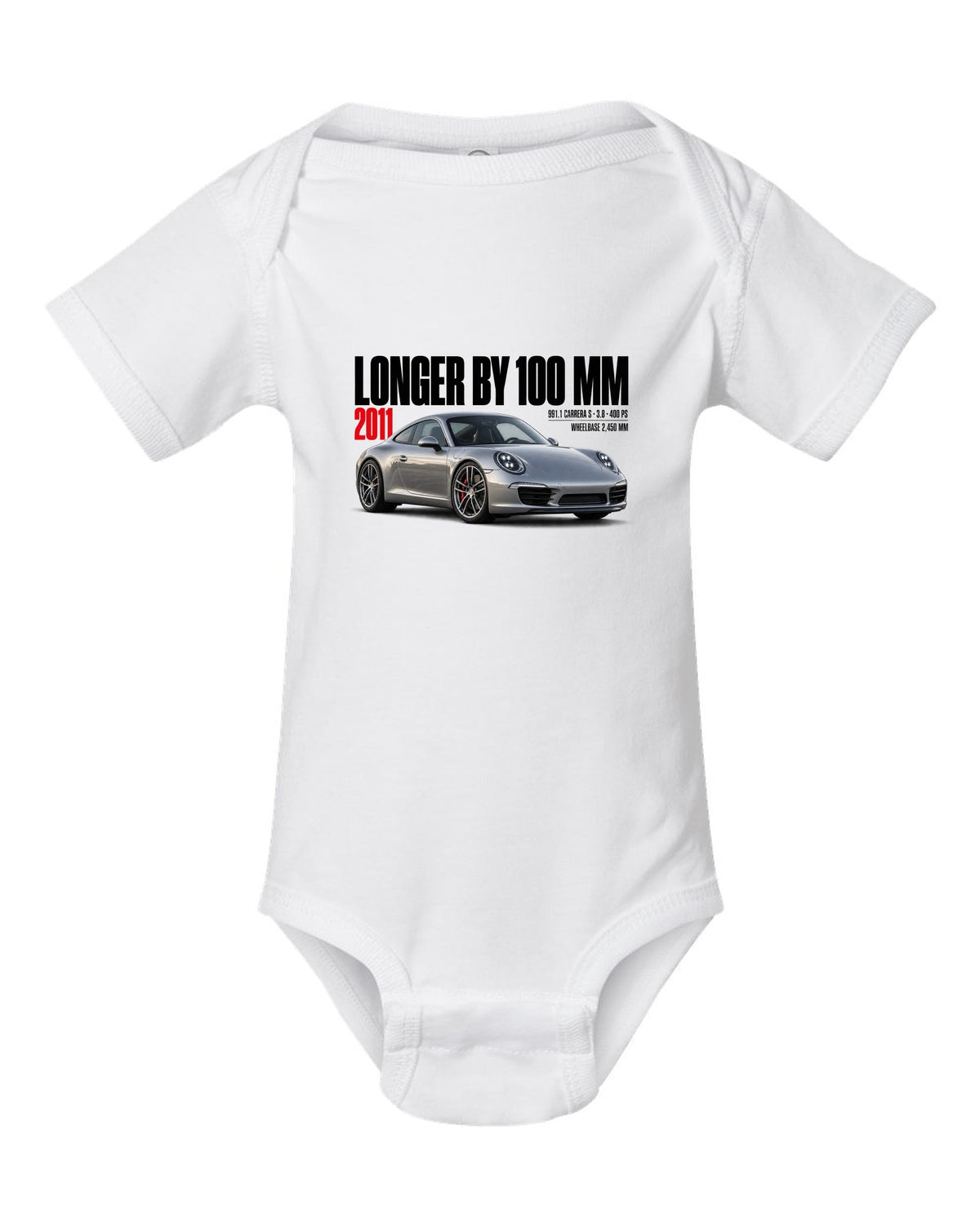 Editorial headline print of a Porsche 911 Carrera S 991.1 with longer-by-100-mm caption white baby onesie front view with the design