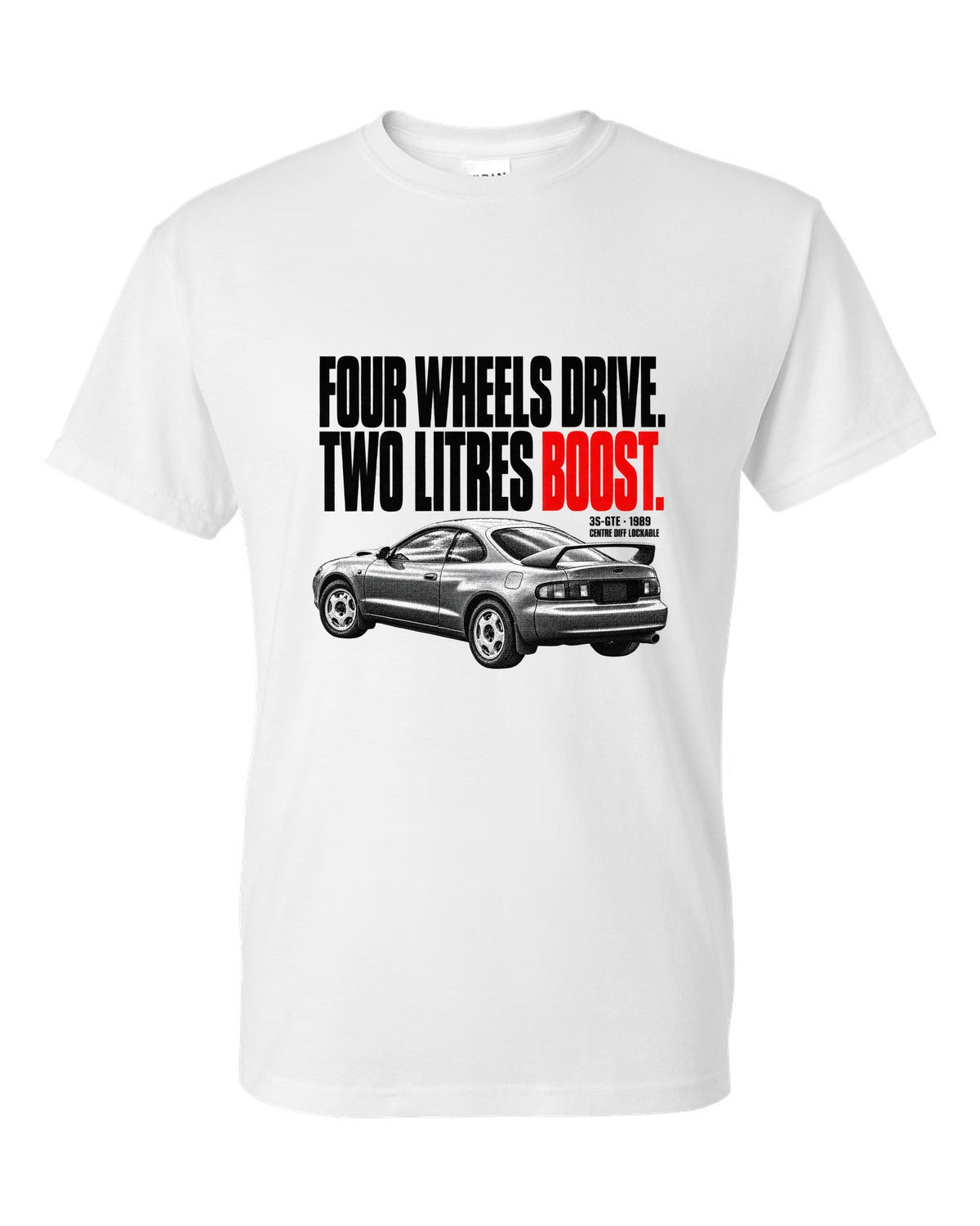 Halftone print of a Toyota Celica GT-Four ST185 with 3S-GTE and centre diff text white t-shirt front view with the design