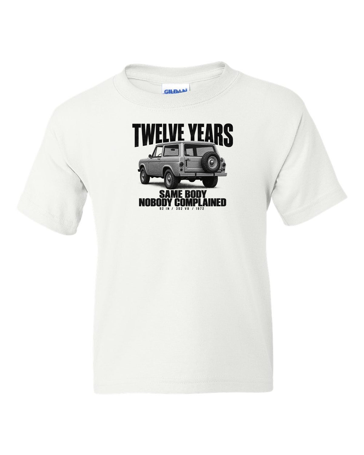 Ford Early Bronco U15 wagon halftone print with twelve years, same body text white kids tee front view with the design