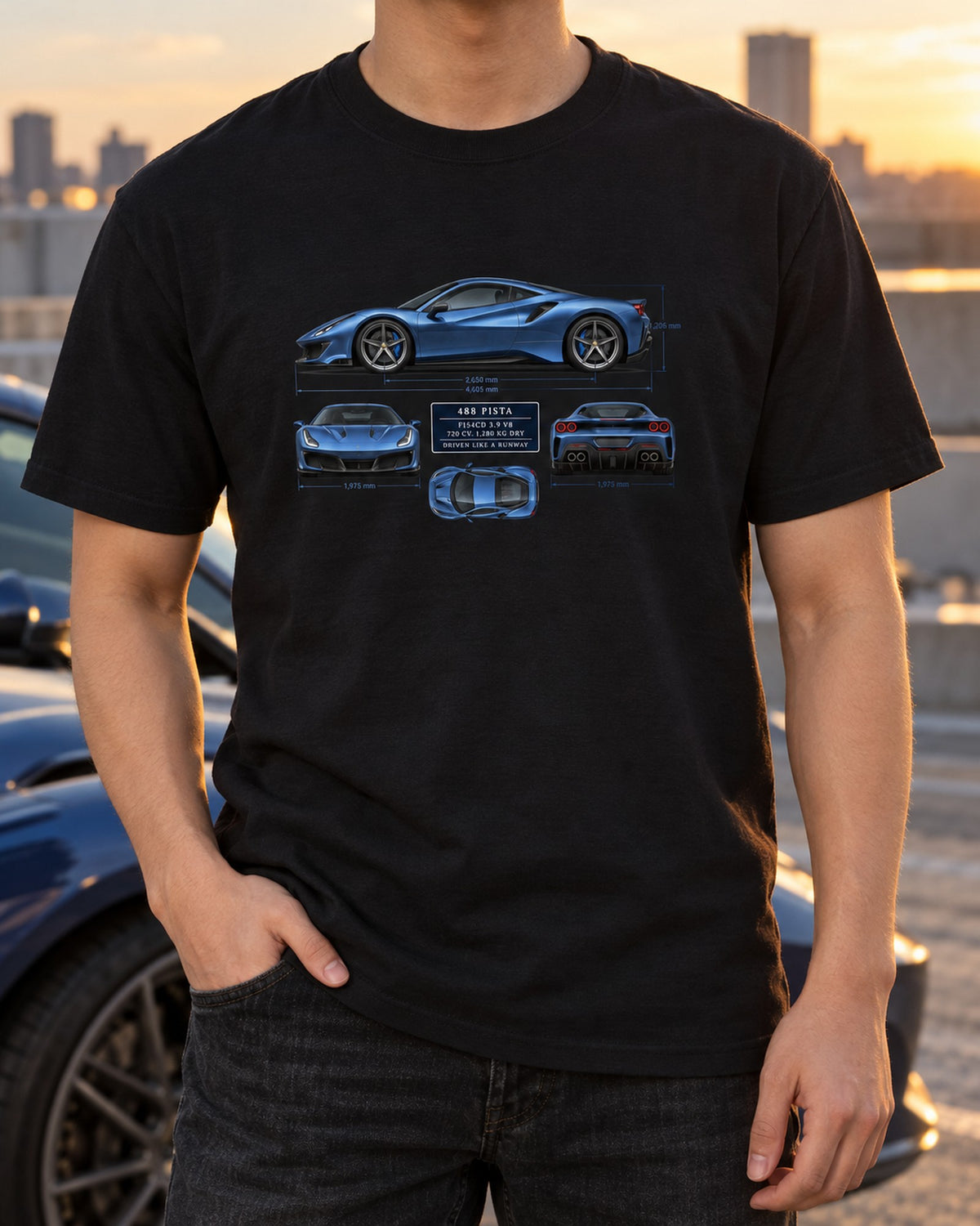 Ferrari 488 Pista Blueprint Shirt, F154CD V8 print T-Shirt Black worn hero