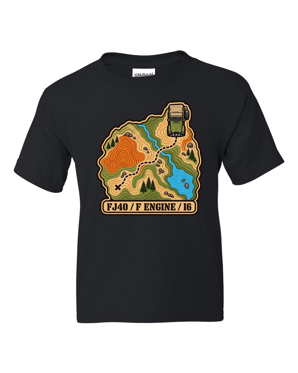Topographic route map illustration of a Toyota Land Cruiser FJ40 with F engine I6 lettering black kids tee front view with the design