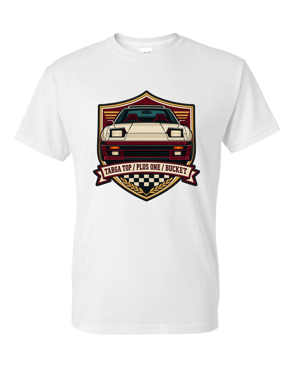 Shield crest design for the Toyota Supra A70 MA70 with pop-up headlights white t-shirt front view with the design