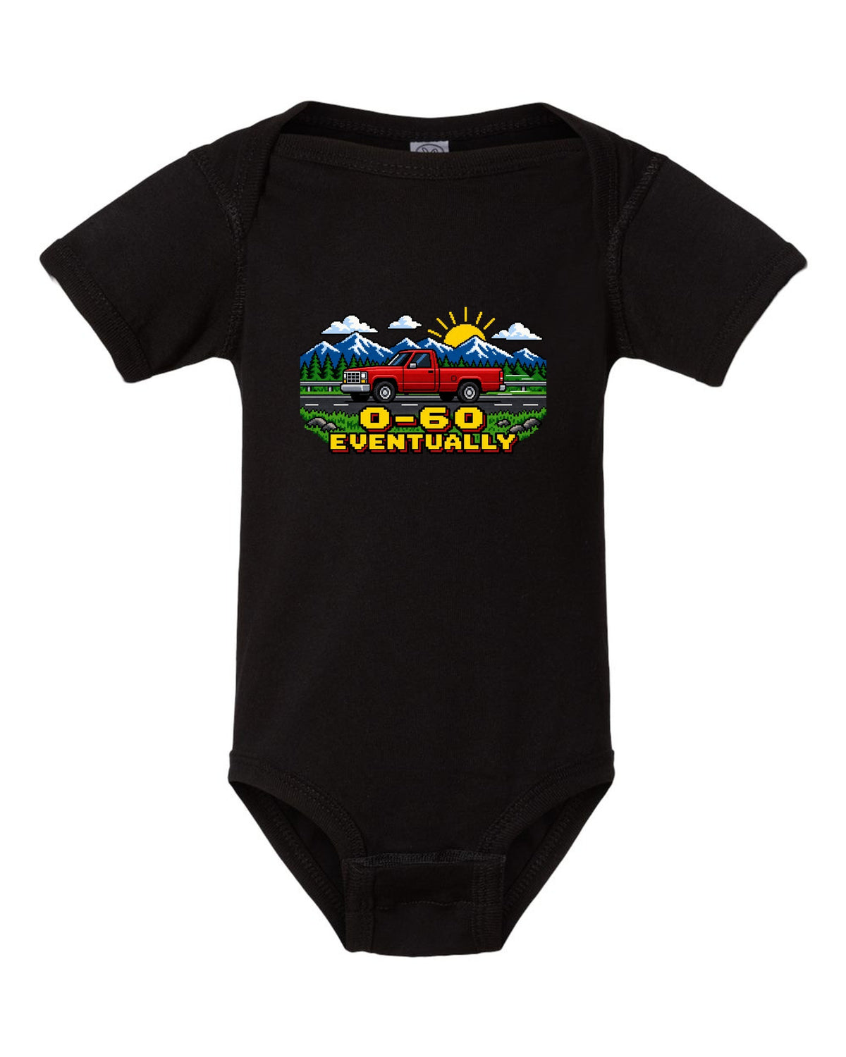 Pixel art print of a 1989-1993 Dodge Ram D250 Cummins with the text 0-60 eventually black baby onesie front view with the design