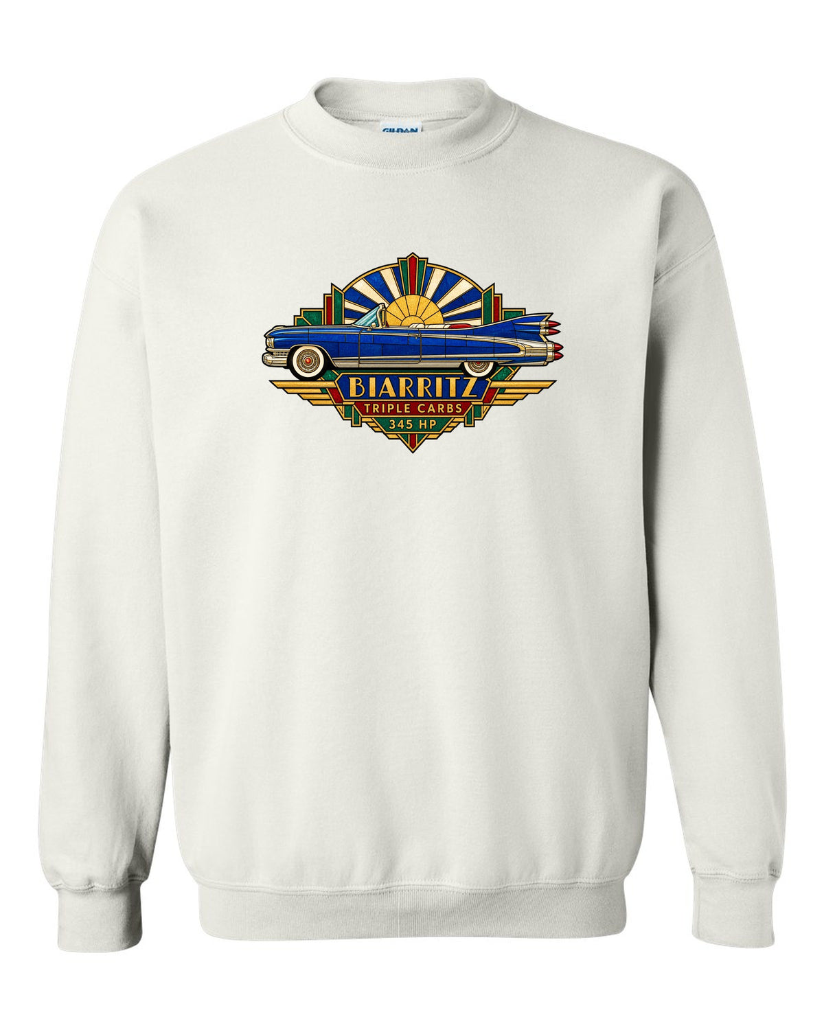 1959 Cadillac Eldorado Biarritz in Art Deco stained-glass geometric style white crewneck front view with the design