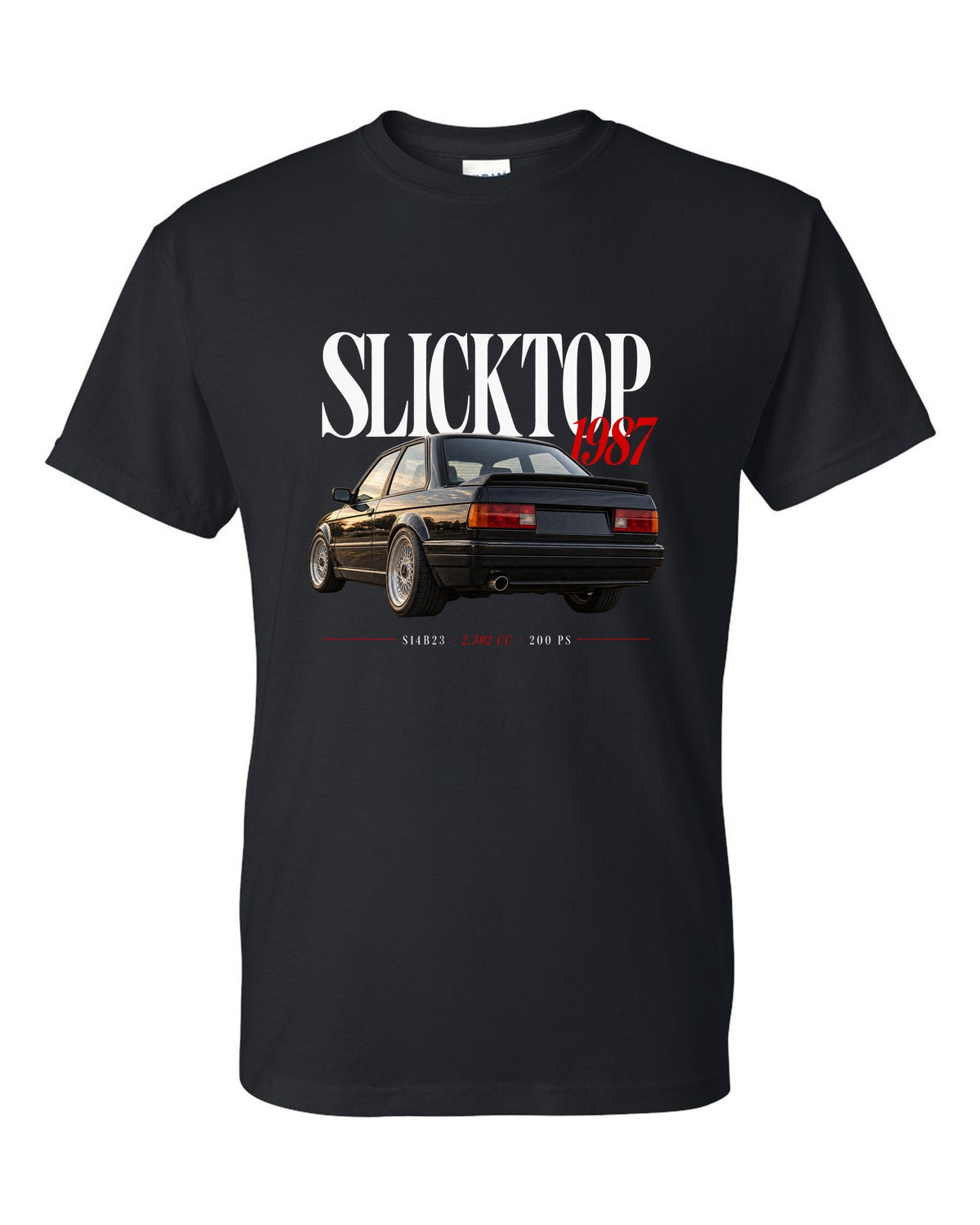 BMW E30 M3 Slicktop 1987 editorial headline print with S14B23 spec text black t-shirt front view with the design