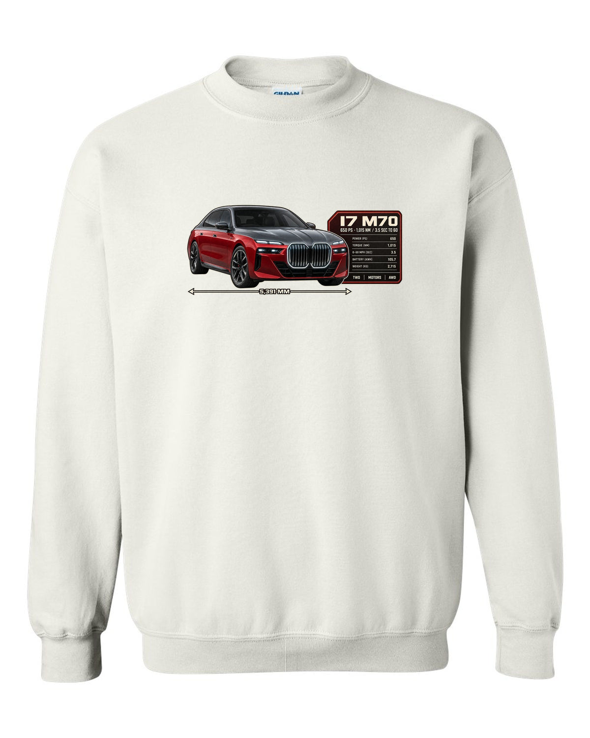 Spec poster print of the BMW i7 M70 xDrive with 650 PS and 1,015 Nm white crewneck front view with the design