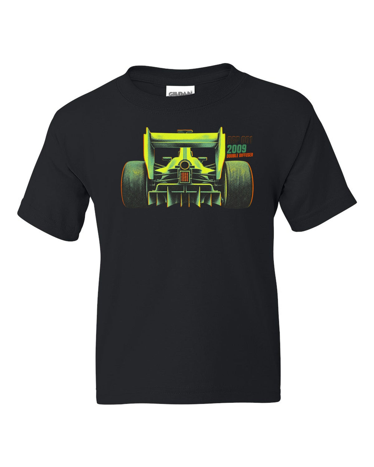Risograph style Brawn BGP 001 Formula 1 car with double diffuser lettering black kids tee front view with the design