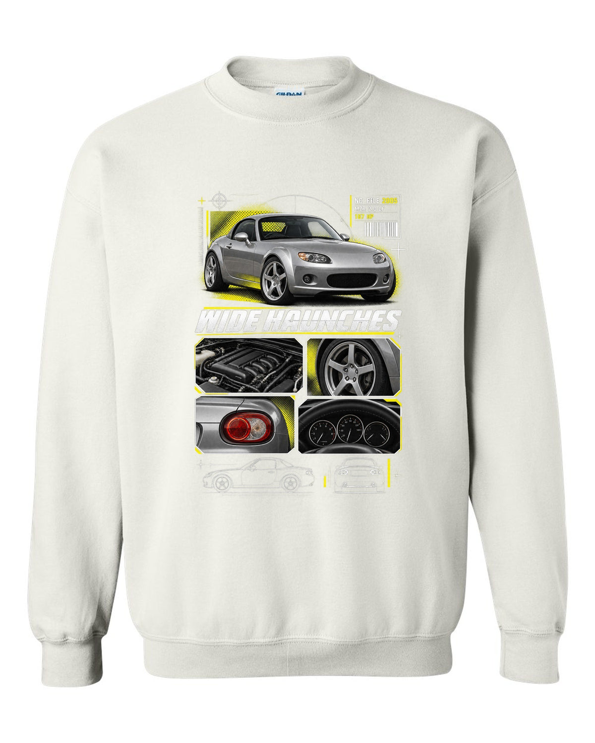 Dossier panels print for the Mazda MX-5 NC PRHT 2005-15 with MZR 2.0 LF and wide haunches white crewneck front view with the design