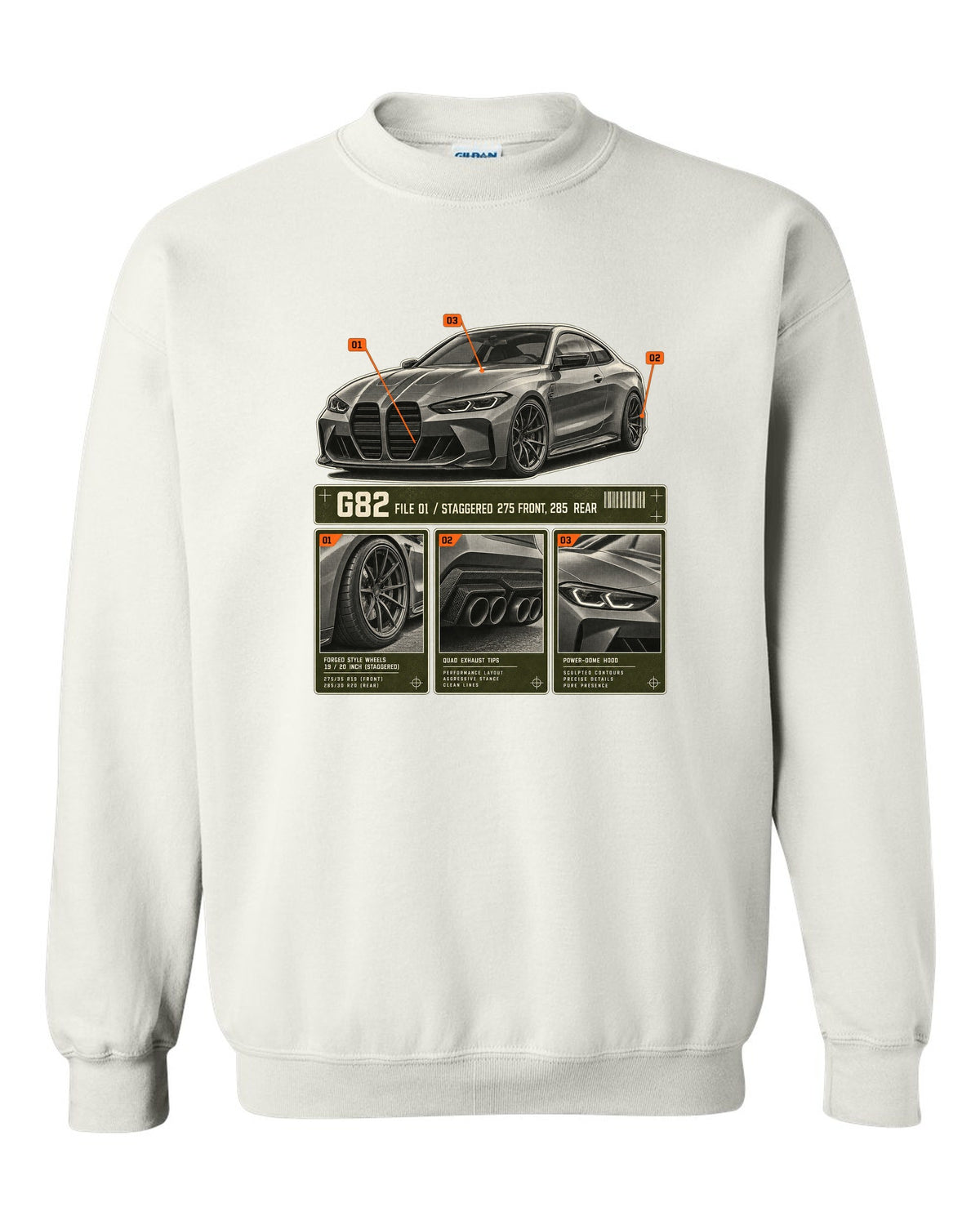 BMW M4 Competition G82 dossier panels print noting staggered 275 front and 285 rear white crewneck front view with the design
