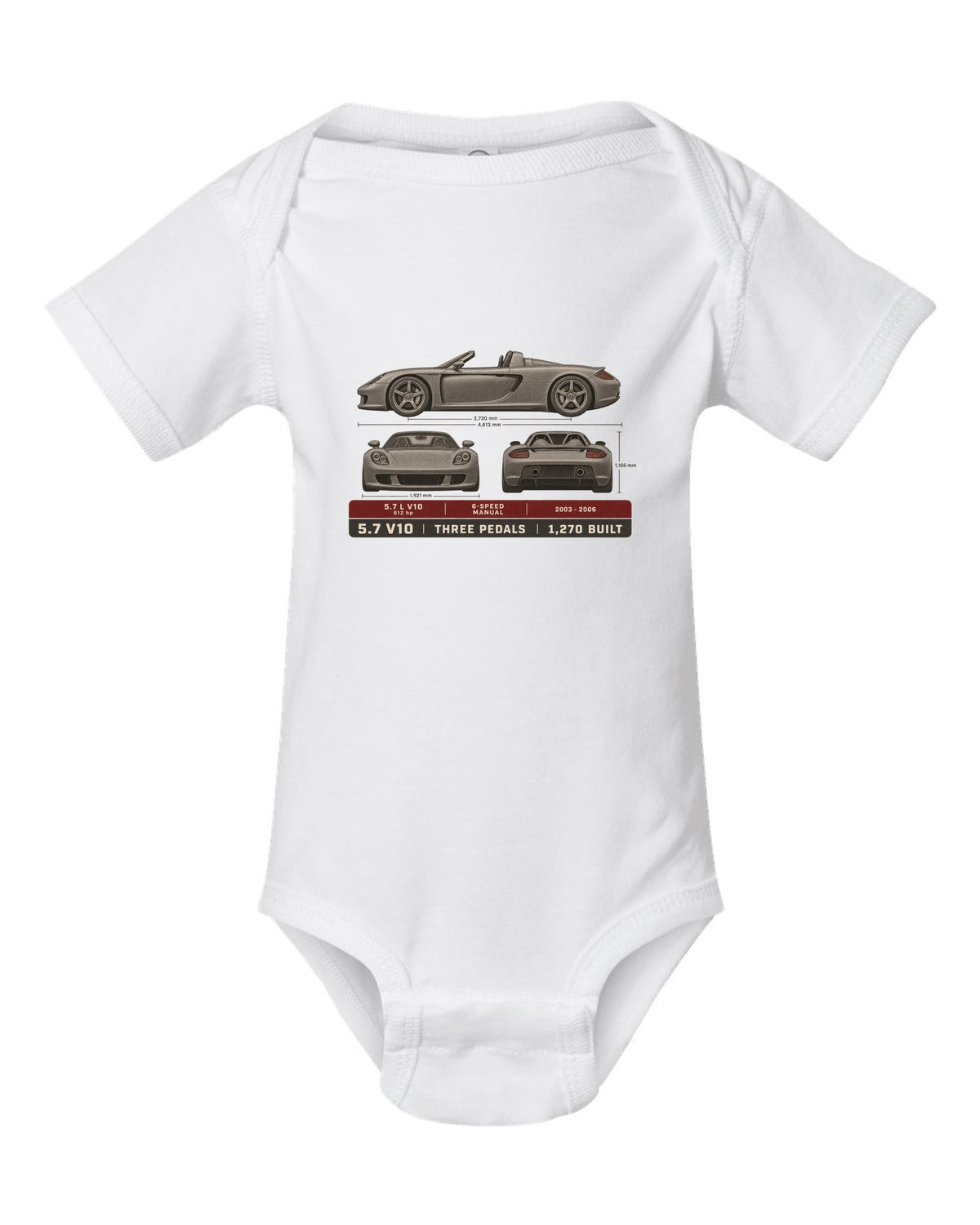 Porsche Carrera GT three-view and spec table print design white baby onesie front view with the design
