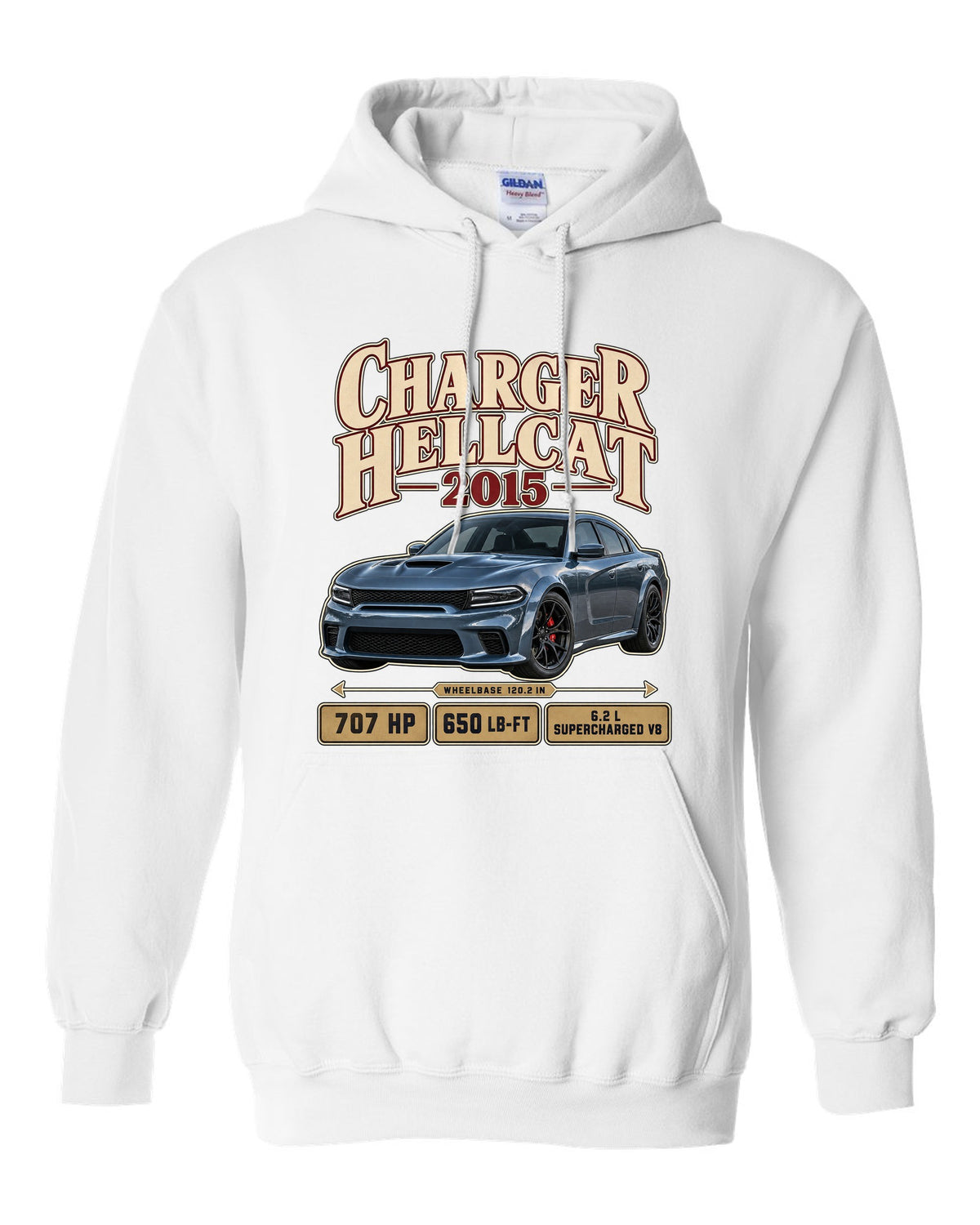 print of a 2015 Dodge Charger SRT Hellcat in an archive panel layout white pull over hoodie front view with the design