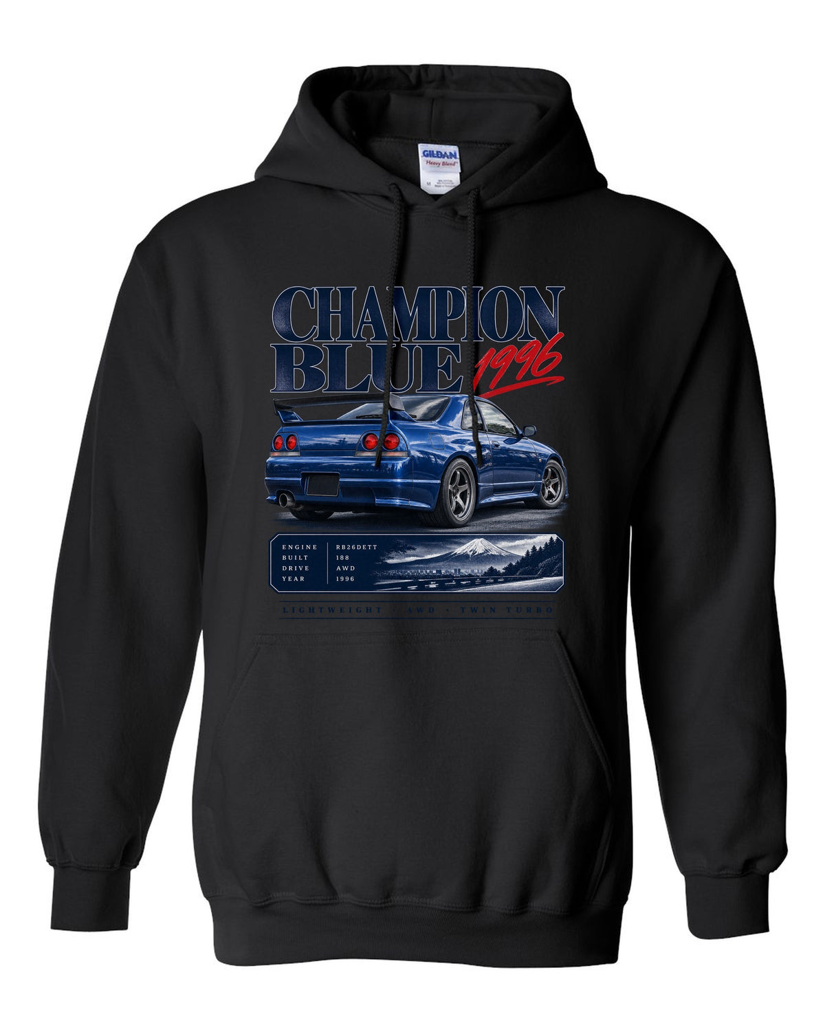 Archive panel of a Nissan Skyline GT-R R33 LM Limited in Champion Blue with 1996 and 188 made lettering black pull over hoodie front view with the design