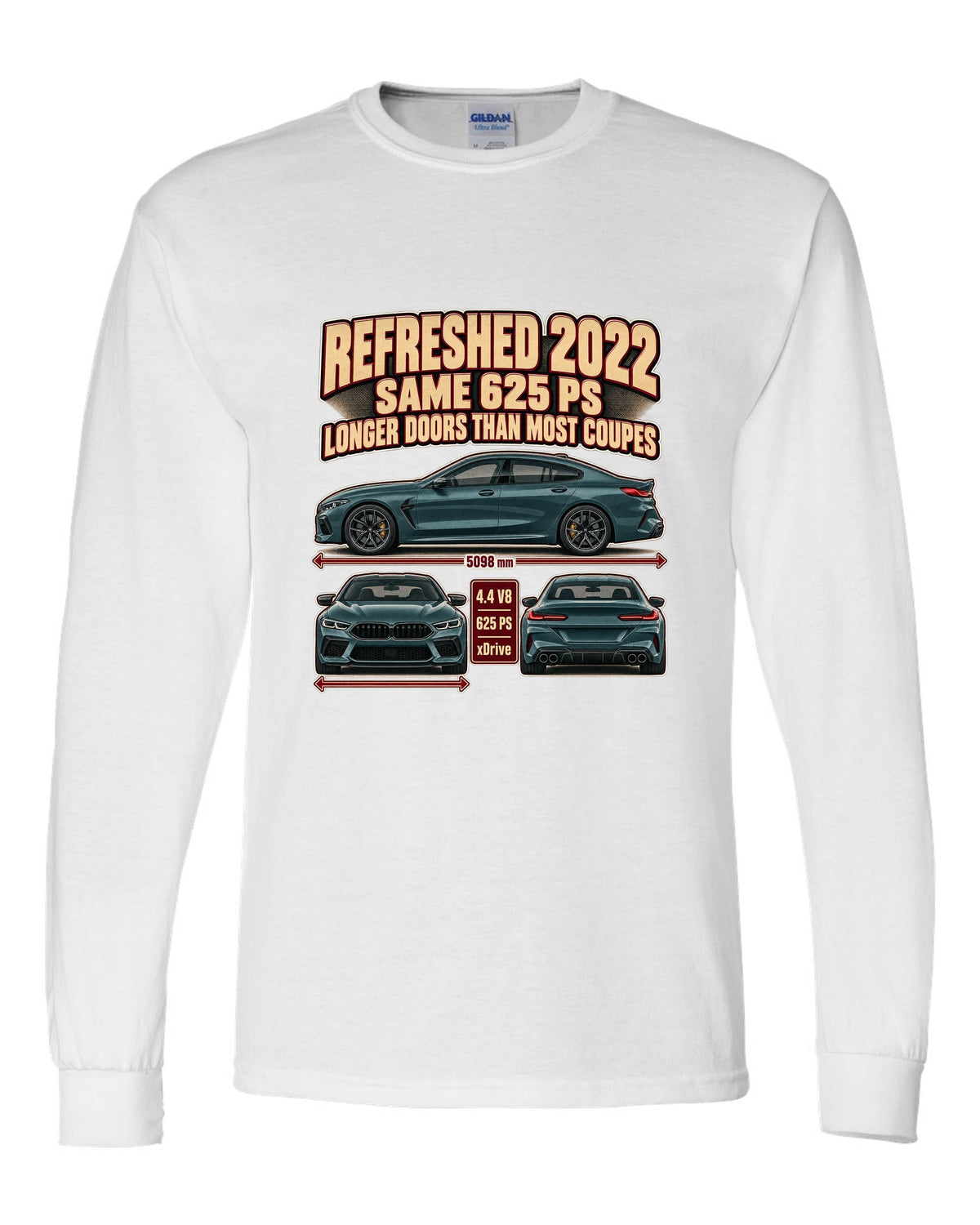 BMW M8 Competition Gran Coupe F93 2022 three-view print on a tee white long sleeve front view with the design