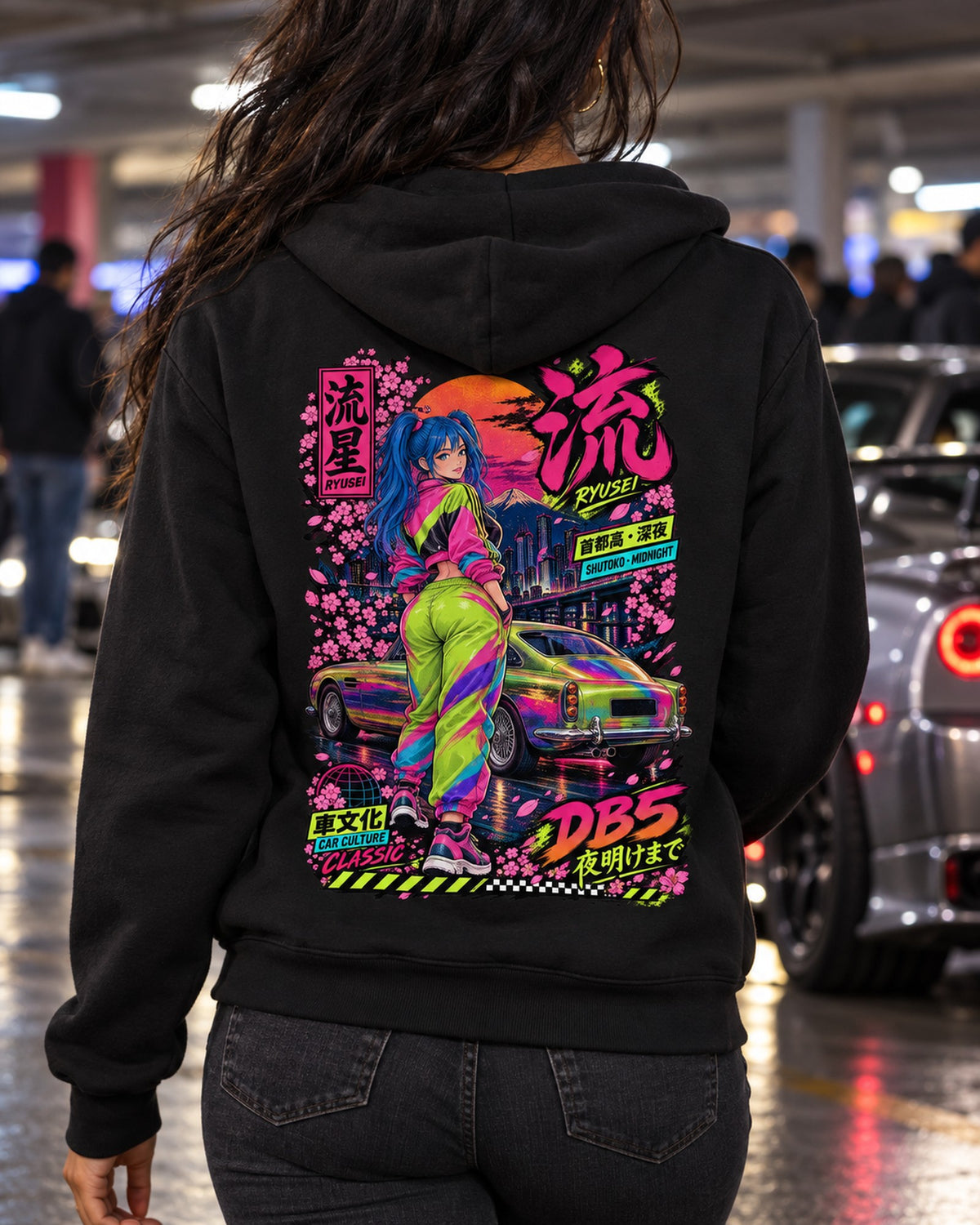 RYUSEI DB5 Anime Girl Full-Back Graphic Tee Zip Hoodie Black worn hero