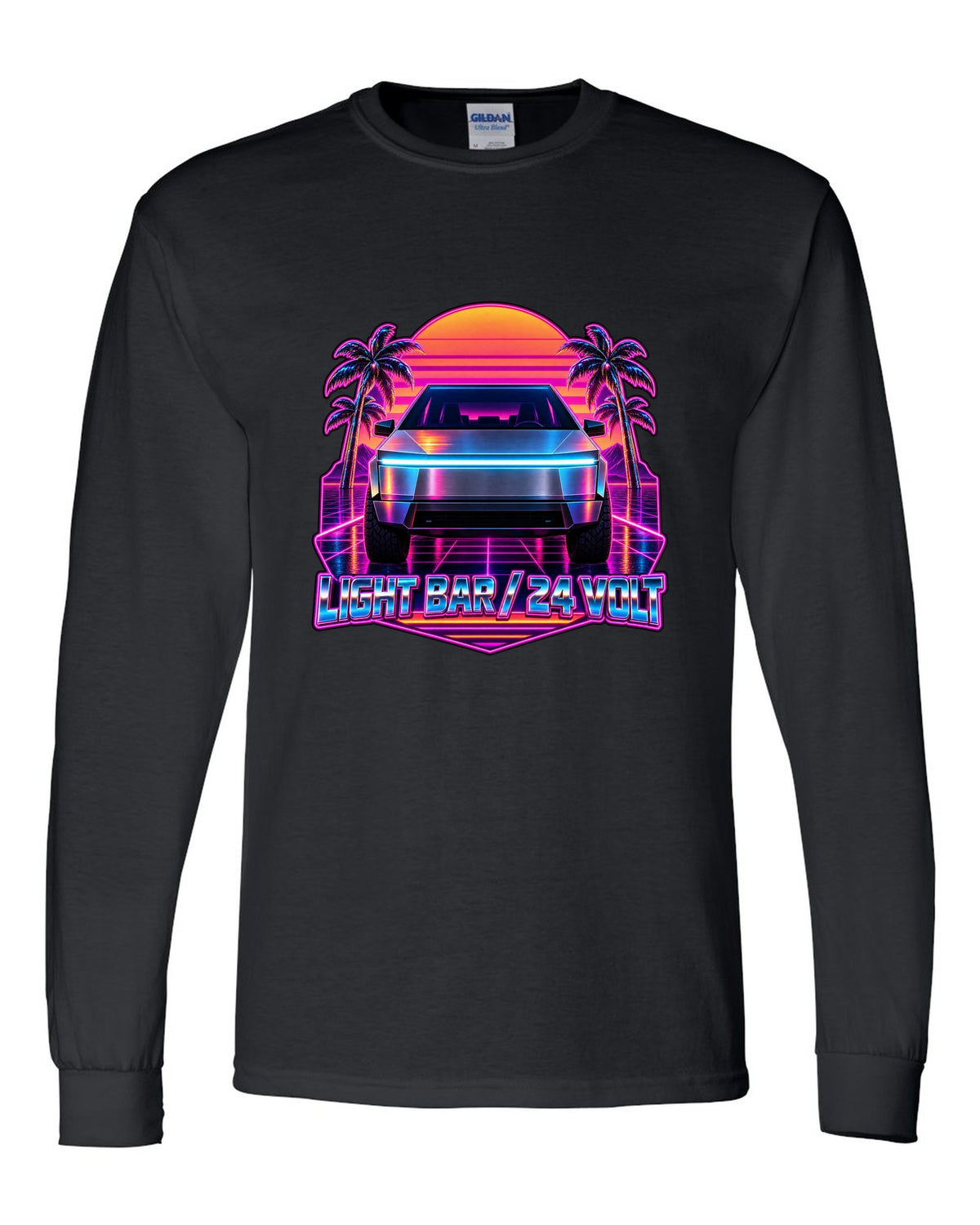 Neon synthwave outrun scene of a 2023 Tesla Cybertruck with the words Light Bar 24 Volt black long sleeve front view with the design