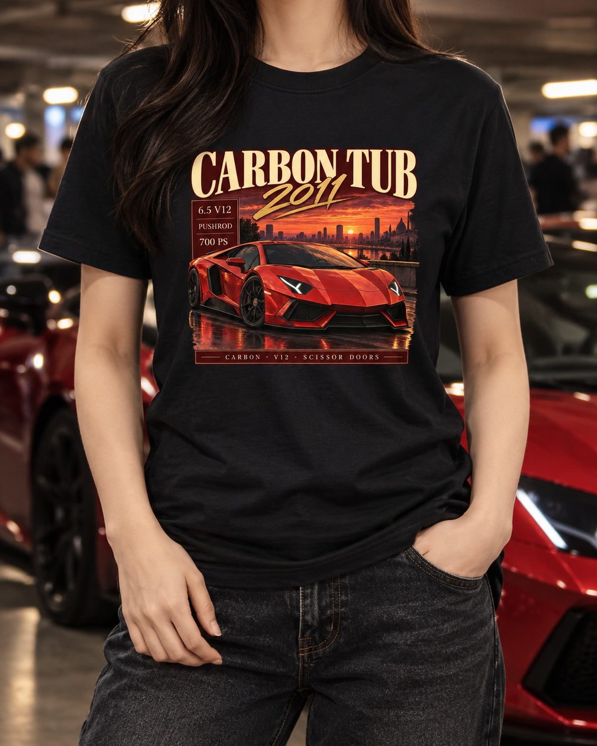 Aventador LP700-4 Carbon Tub Archive Shirt, 6.5 V12 Pushrod T-Shirt Black worn hero