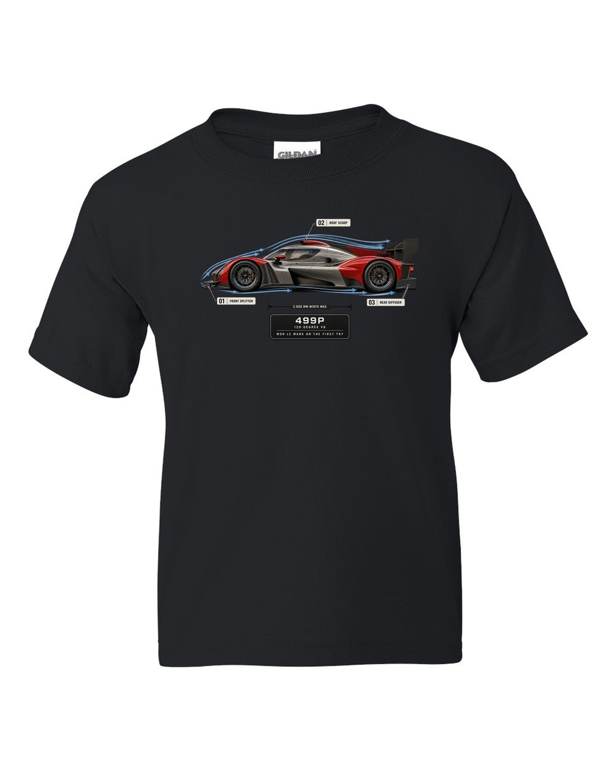 Ferrari 499P Le Mans Hypercar aero callout print with 120-degree V6 black kids tee front view with the design