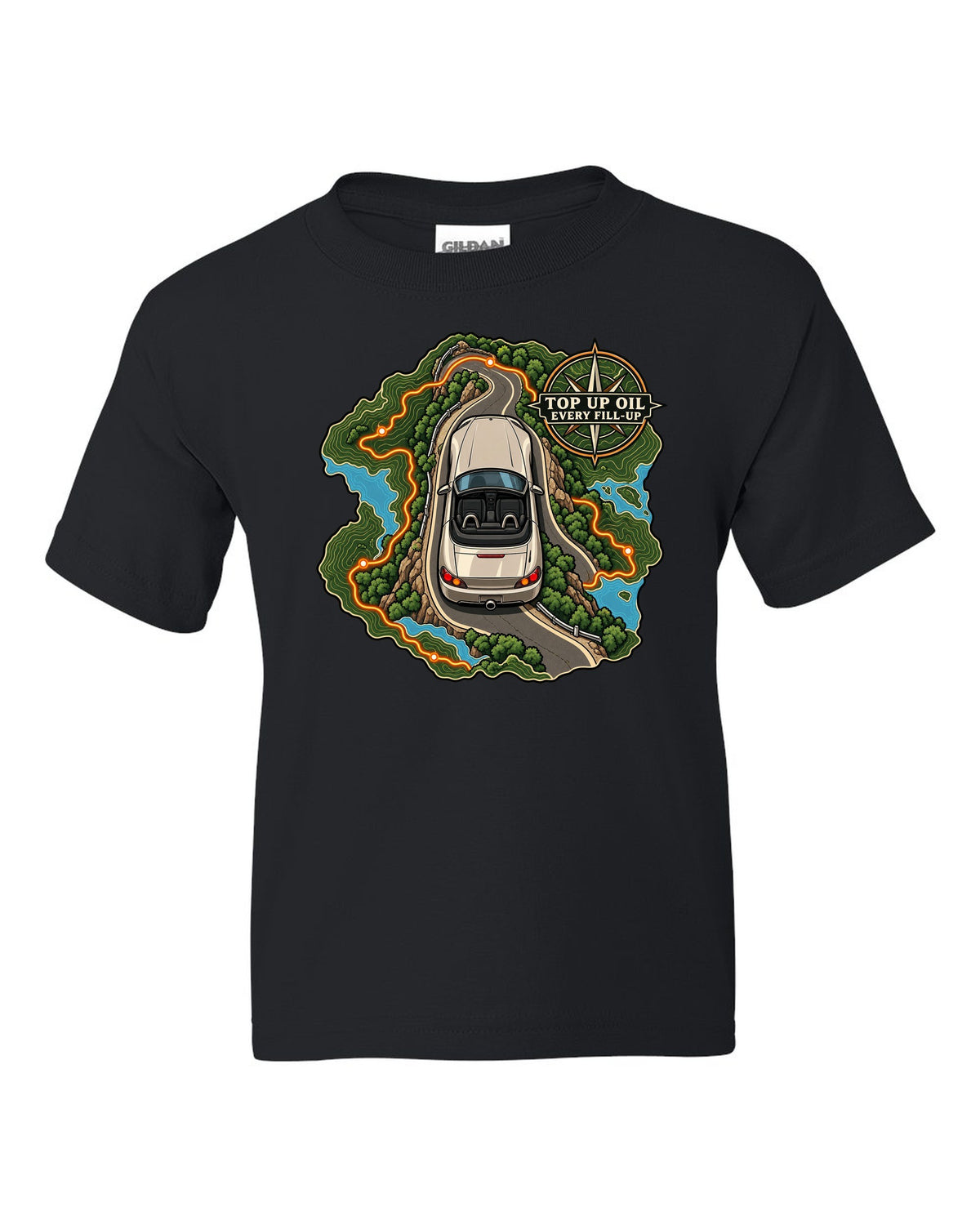 Topographic route map print of a 1999 Honda S2000 AP1 roadster with top up oil text black kids tee front view with the design