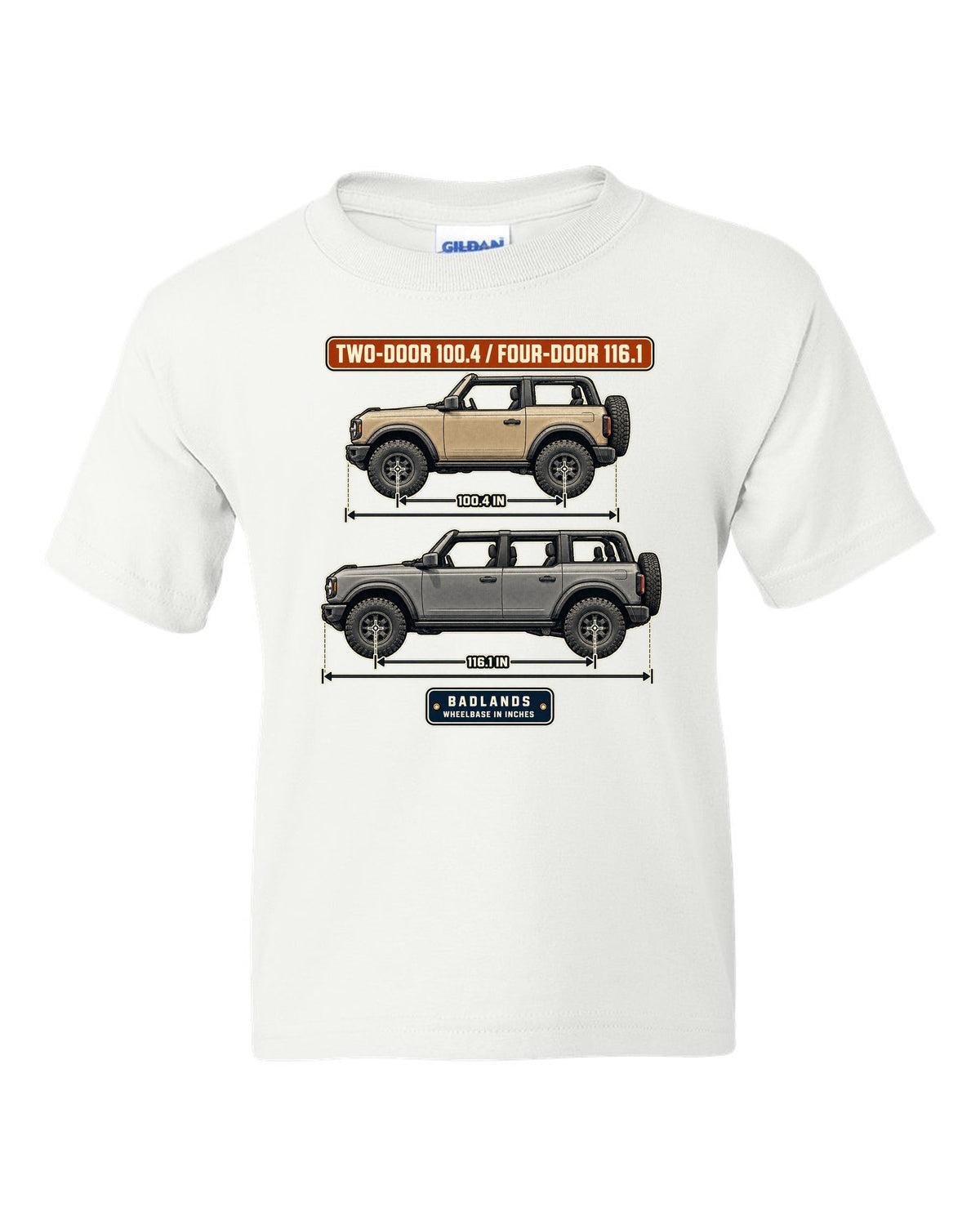 Ford Bronco Badlands two-door and four-door wheelbase blueprint print white kids tee front view with the design