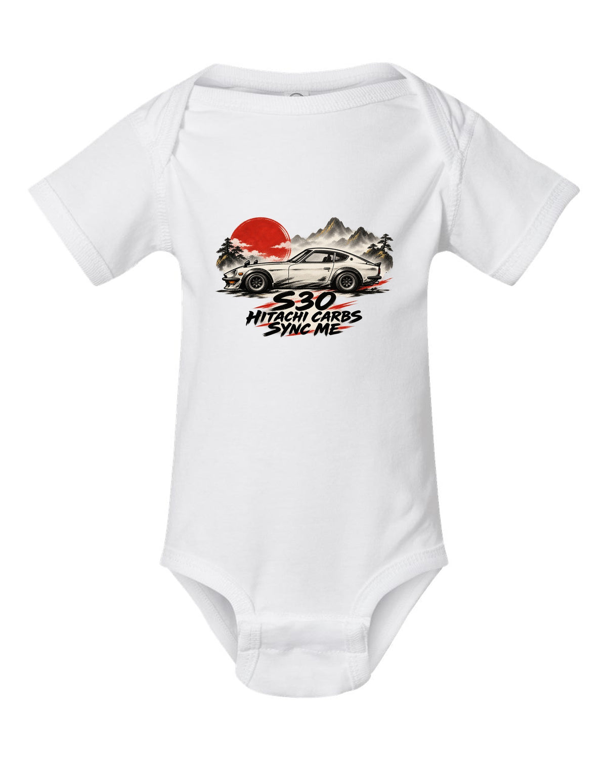 Sumi-e ink wash profile of a 1972 Datsun 240Z S30 with red accents white baby onesie front view with the design
