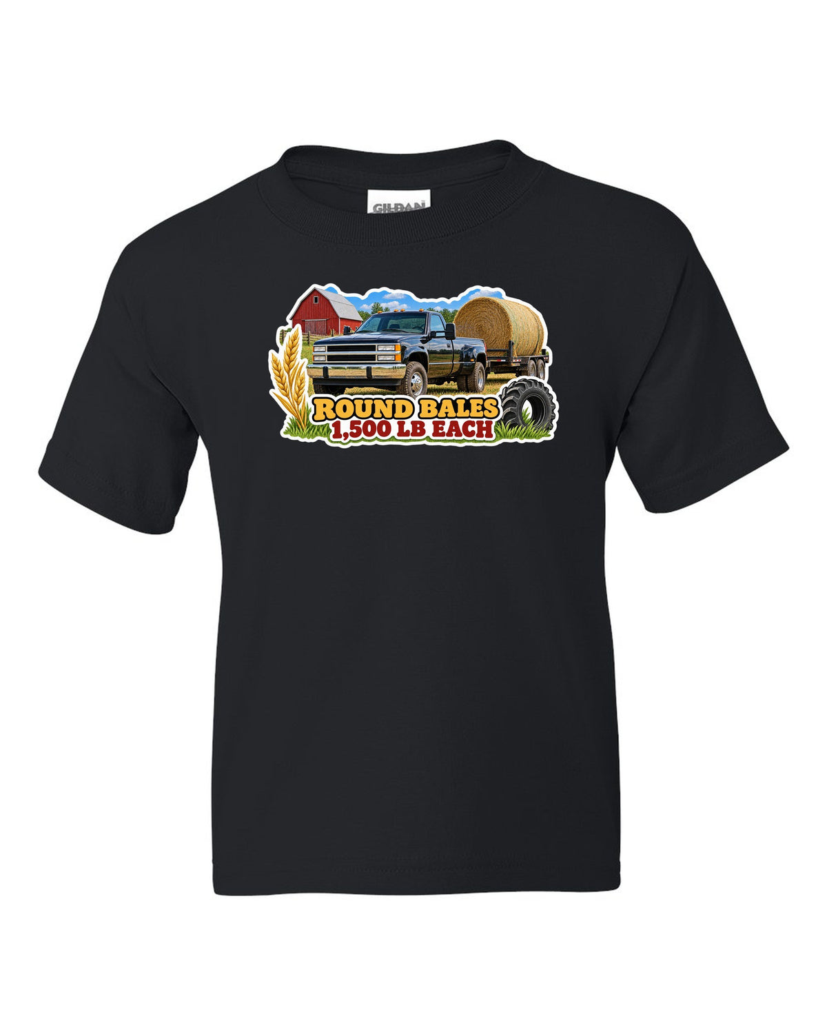 Sticker collage print of a 2010-2018 Ram 2500 6.7 hauling round bales with 1,500 lb each text black kids tee front view with the design