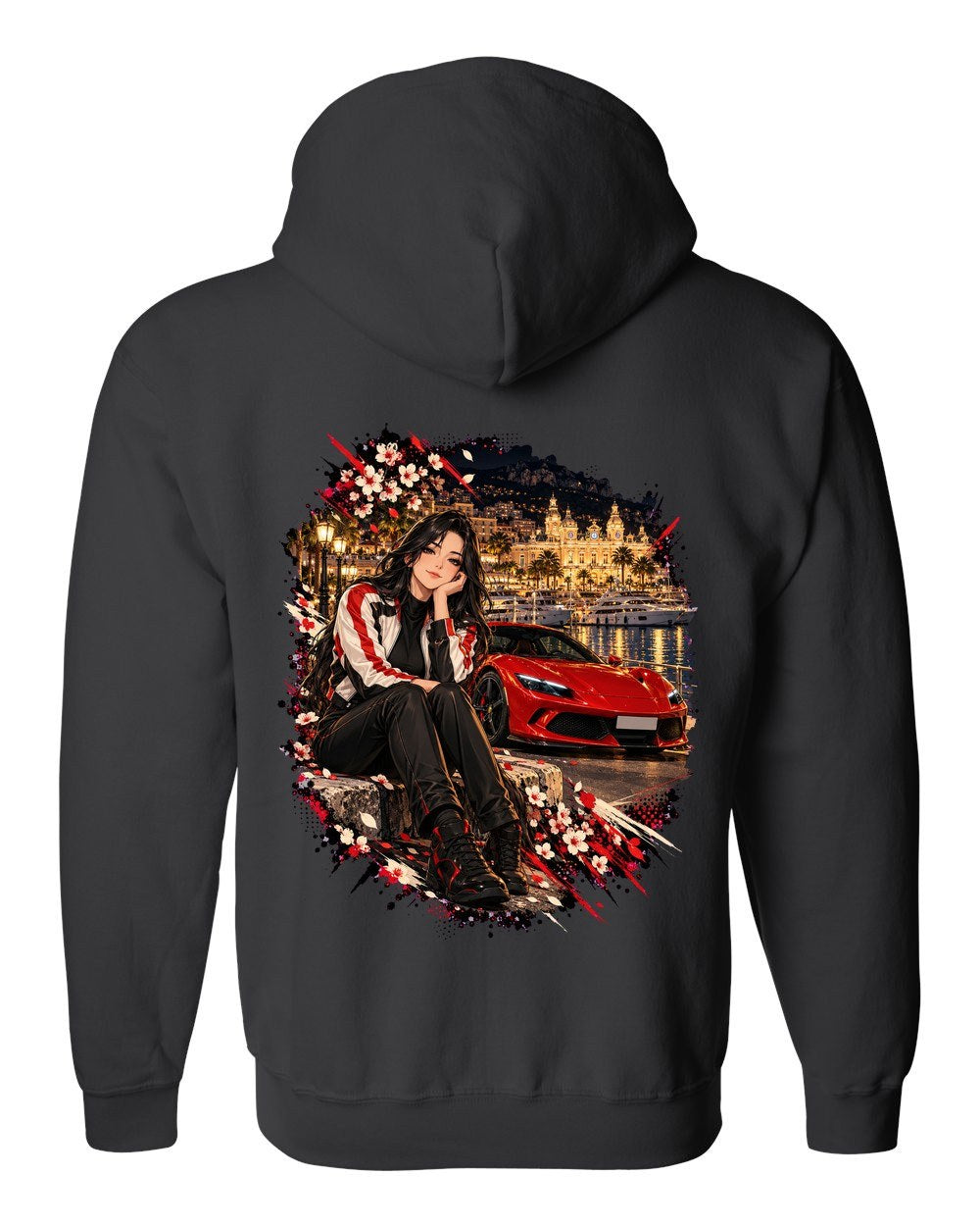 Ferrari 296 GTB Anime Girl Zip Hoodie Black back